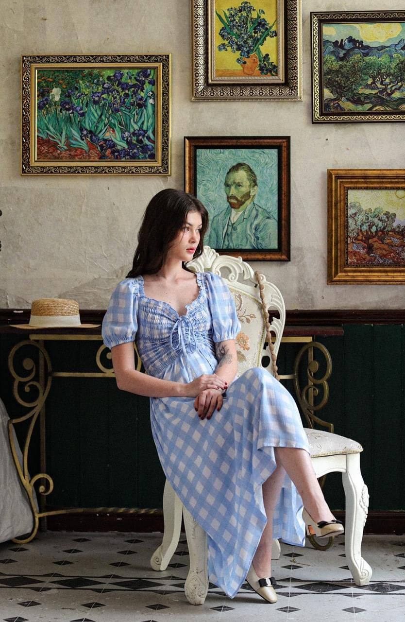 Chloe Dress - Đầm nhún ngực caro trắng xanh - D15