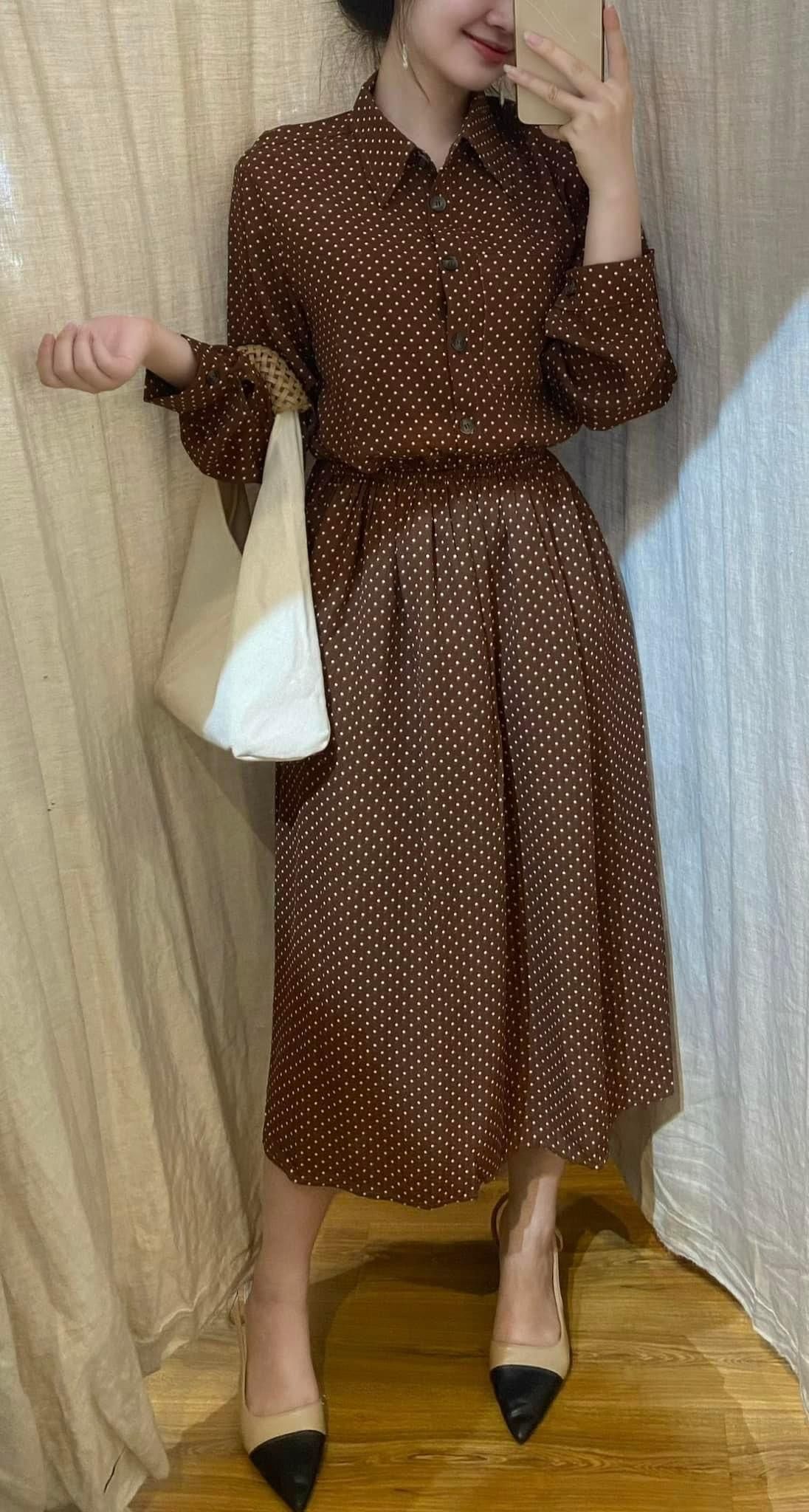 Avianna Dress - Đầm sơ mi chấm bi nâu D188