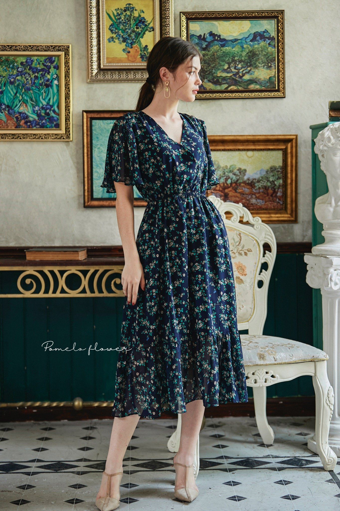 Floral Dress - Đầm voan cổ V in hoa , chun eo - D710