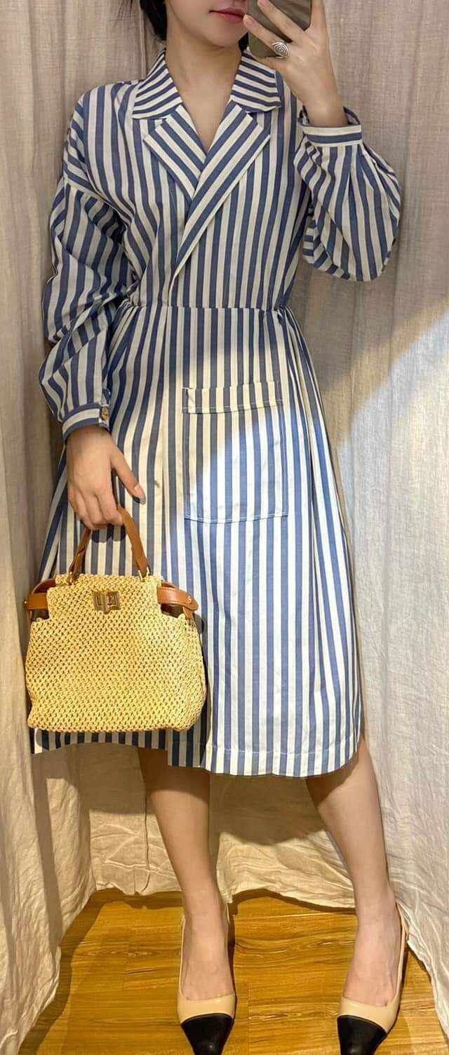 Marlee Dress - Đầm kẻ xanh cổ vest D380
