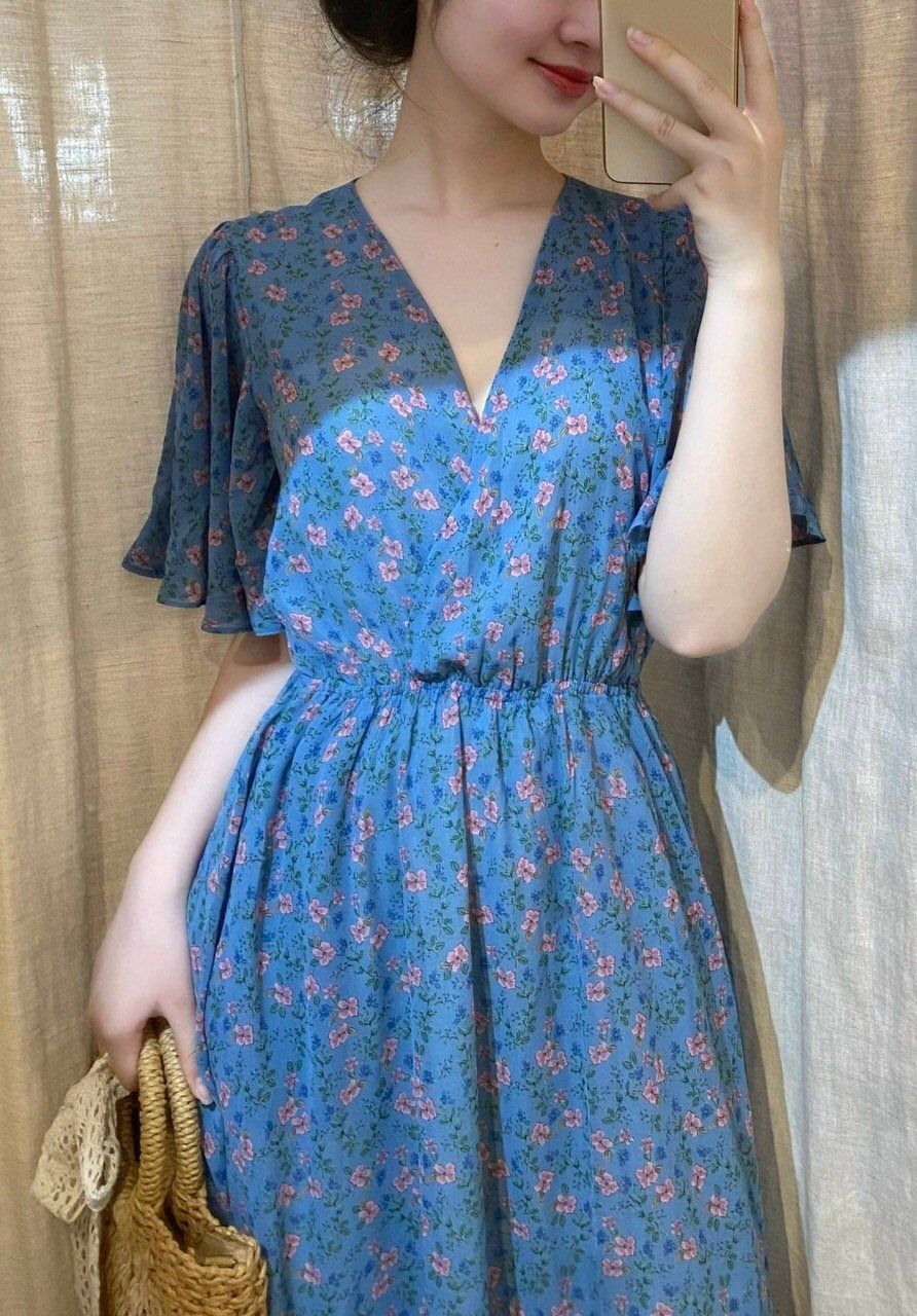 Floral Dress - Đầm voan cổ V in hoa , chun eo - D710