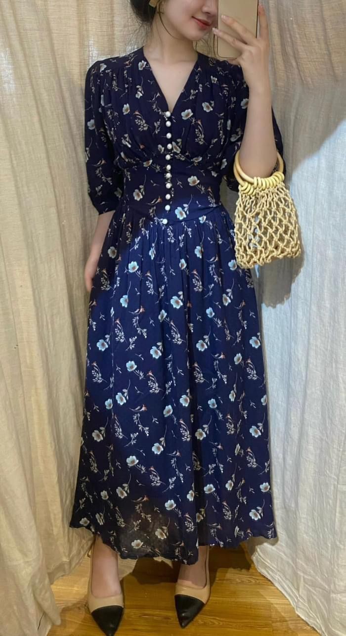 Melina Dress - Đầm voan in hoa có cúc - D01