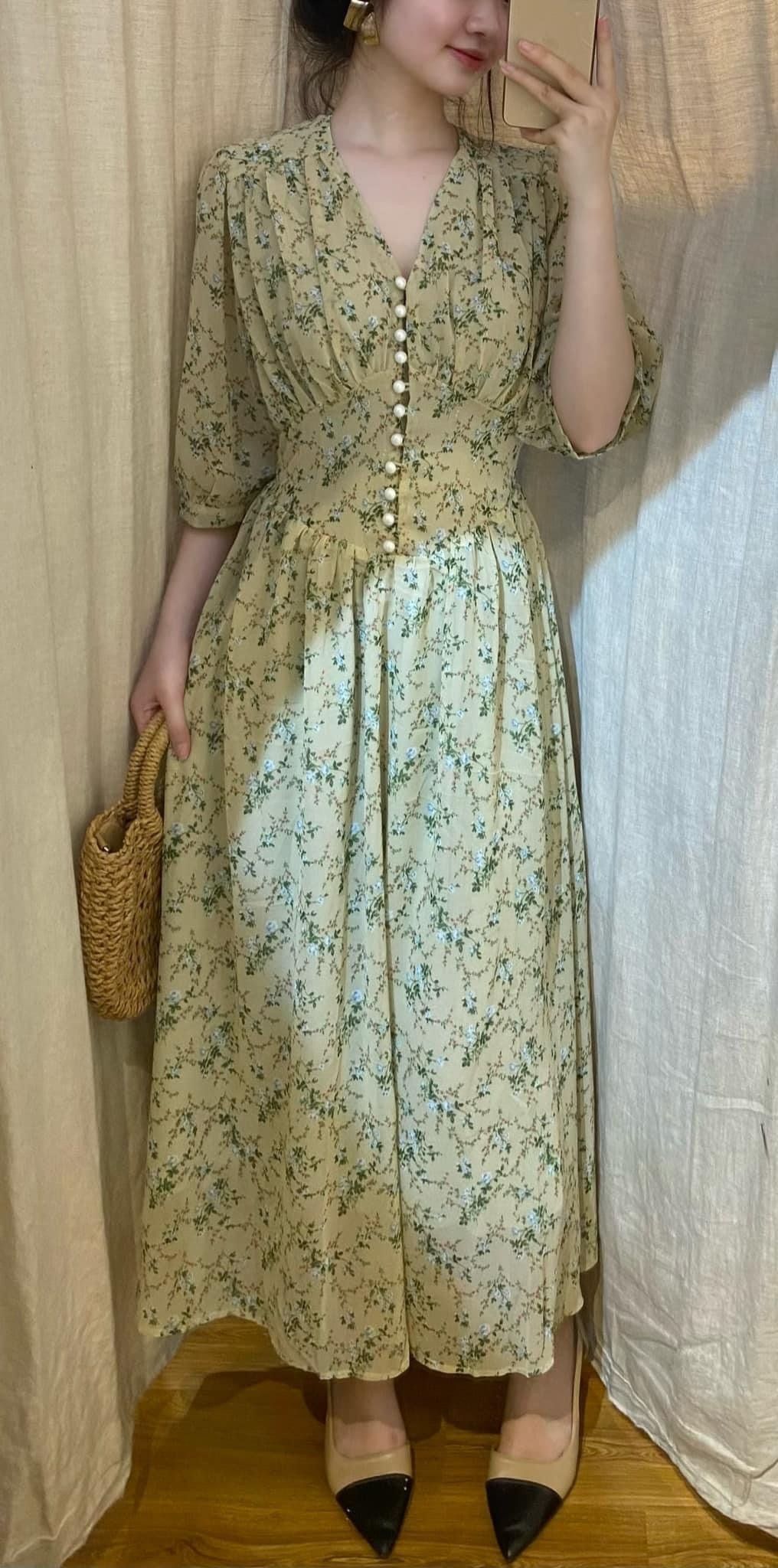 Melina Dress - Đầm voan in hoa có cúc - D01