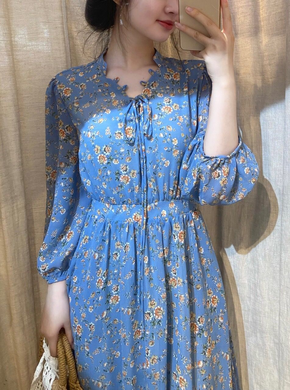 Đầm Voan in hoa , nhấn eo - D715
