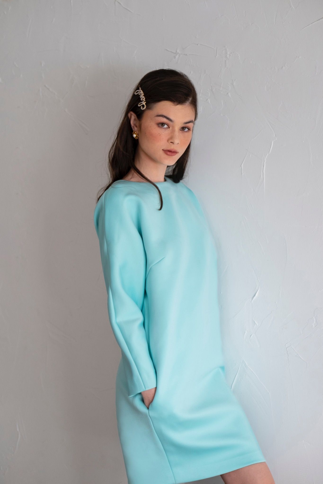 Brynlee Dress - Đầm kén xanh thun dáng rộng tay dài D554
