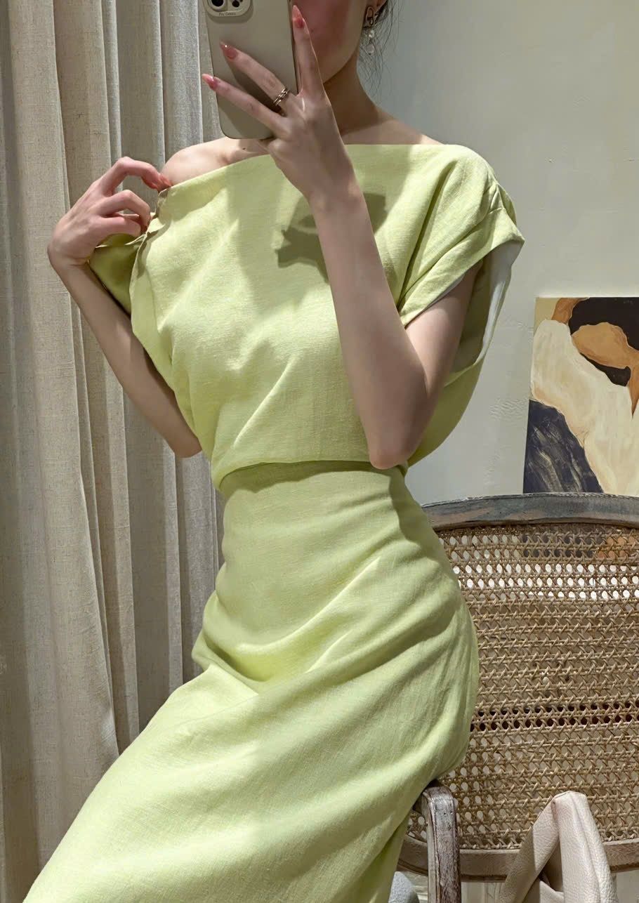 Zinnia Dress - Đầm Linen Lệch Vai Hoa Hồng D989
