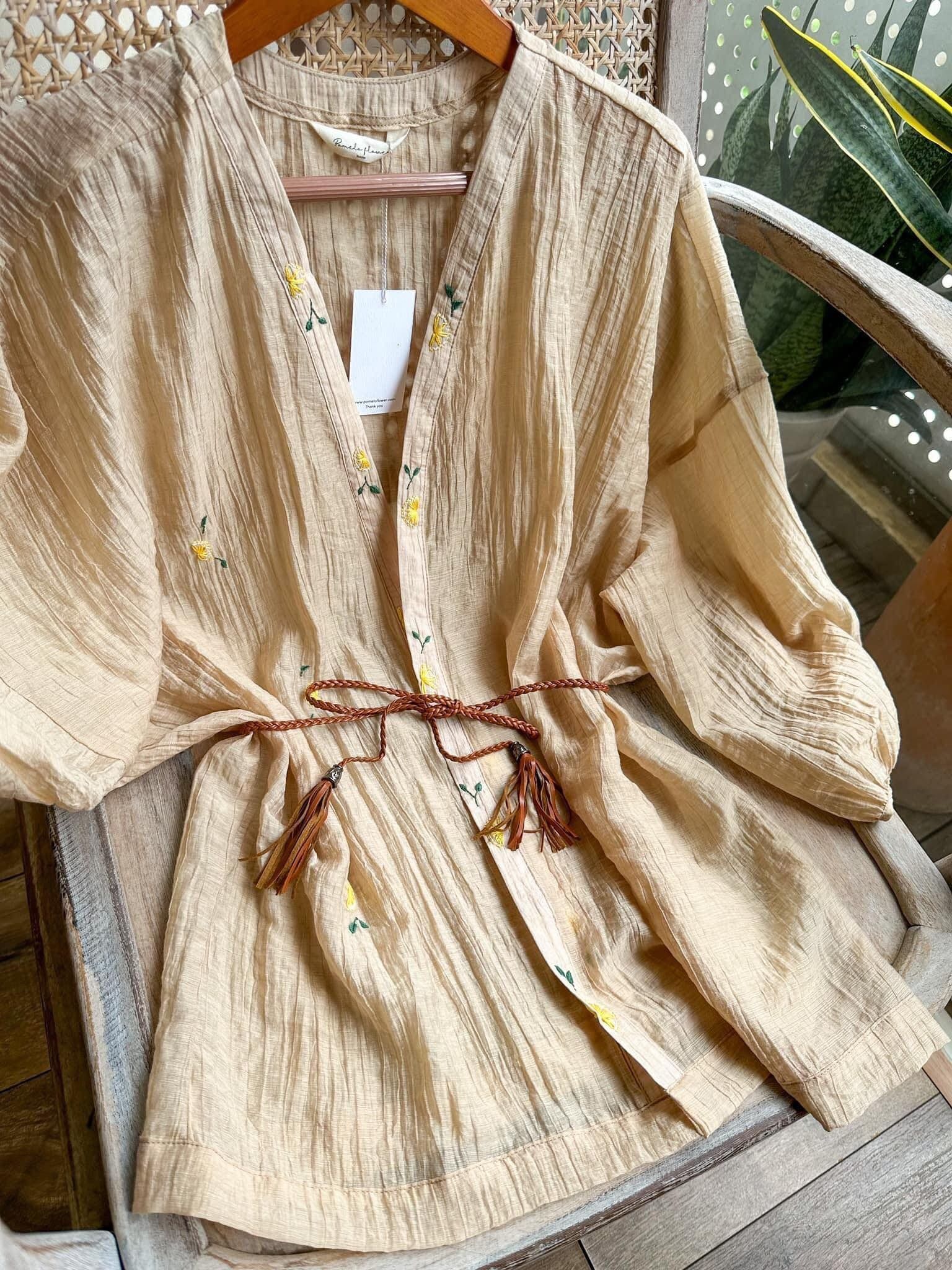 Nora embroideried kimono shirt - Áo Khoác Tơ Thêu Tay