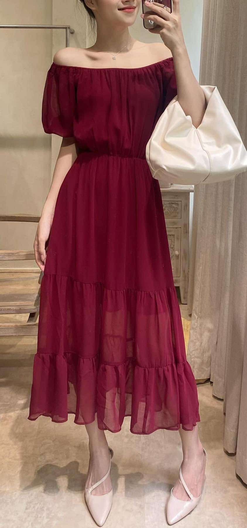 Macie Dress - Đầm trễ vai đỏ D60