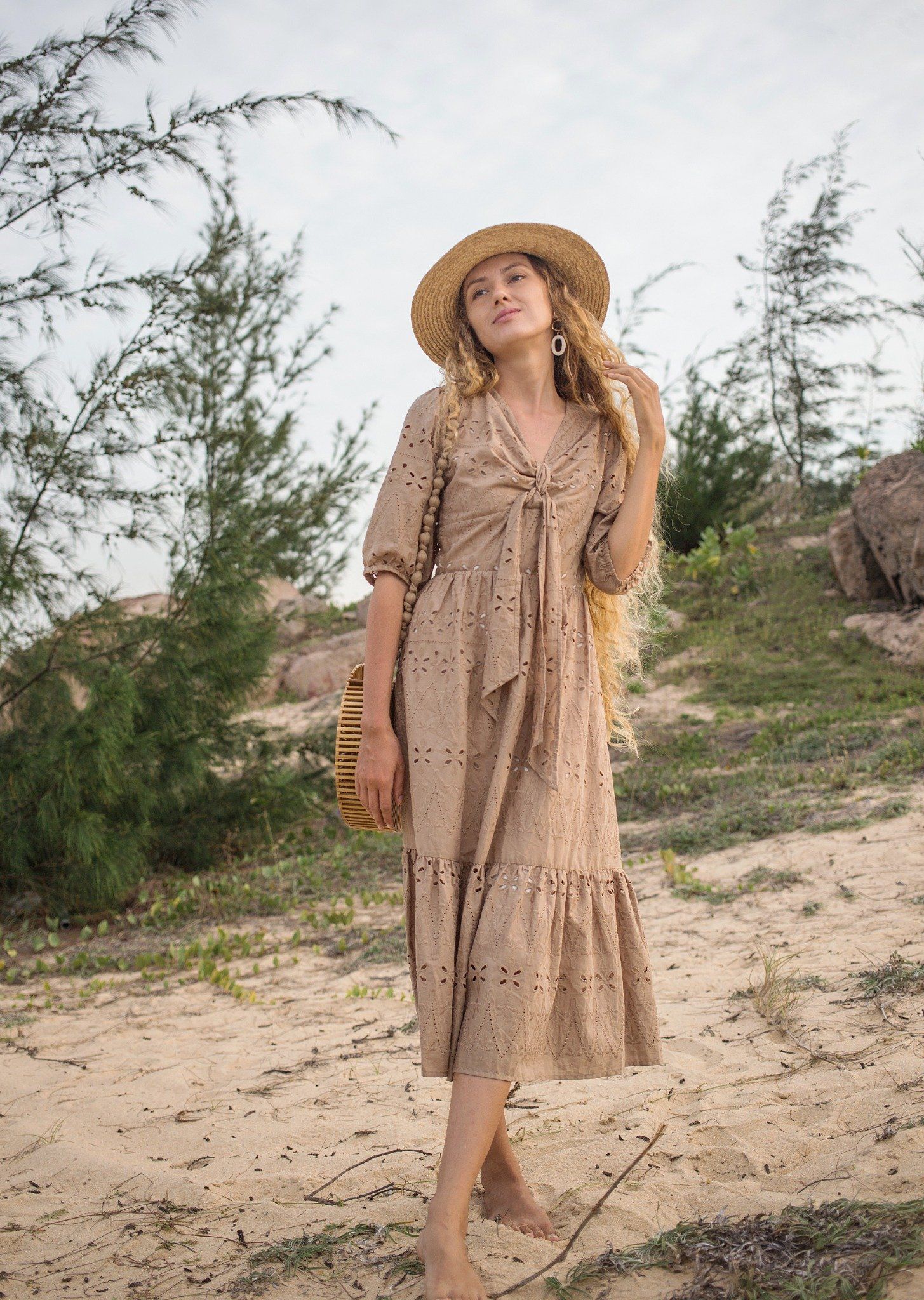 Briella Dress - Đầm nâu thắt nơ trước ngực D150
