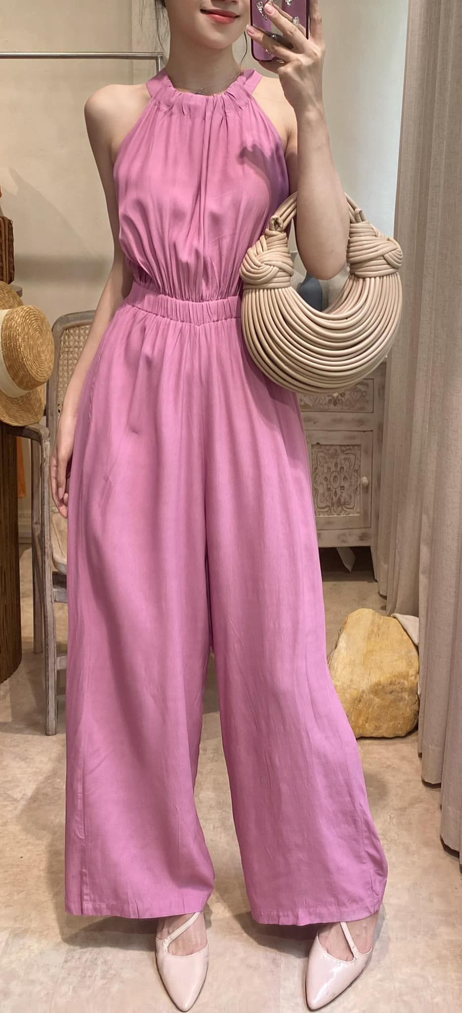 Jumpsuit yếm cột dây - D673 Hồng