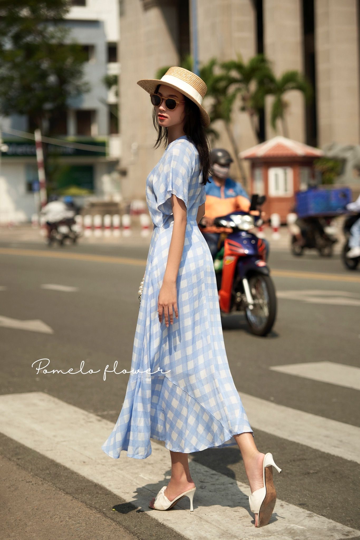 Alani Dress- Đầm ngắn tay caro trắng xanh D278