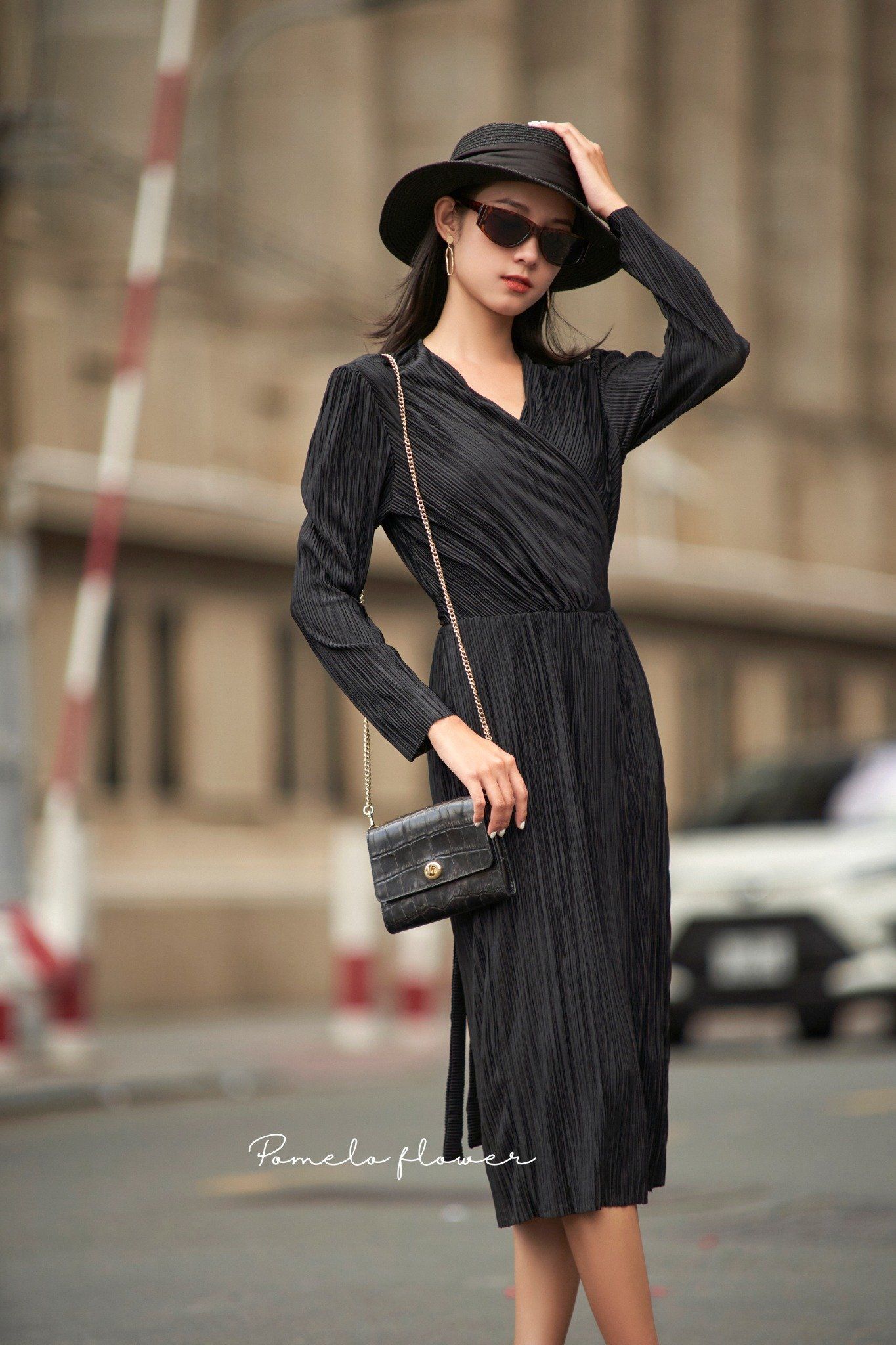 Veda Dress - Đầm đen dập ly tay dài cột chéo D151