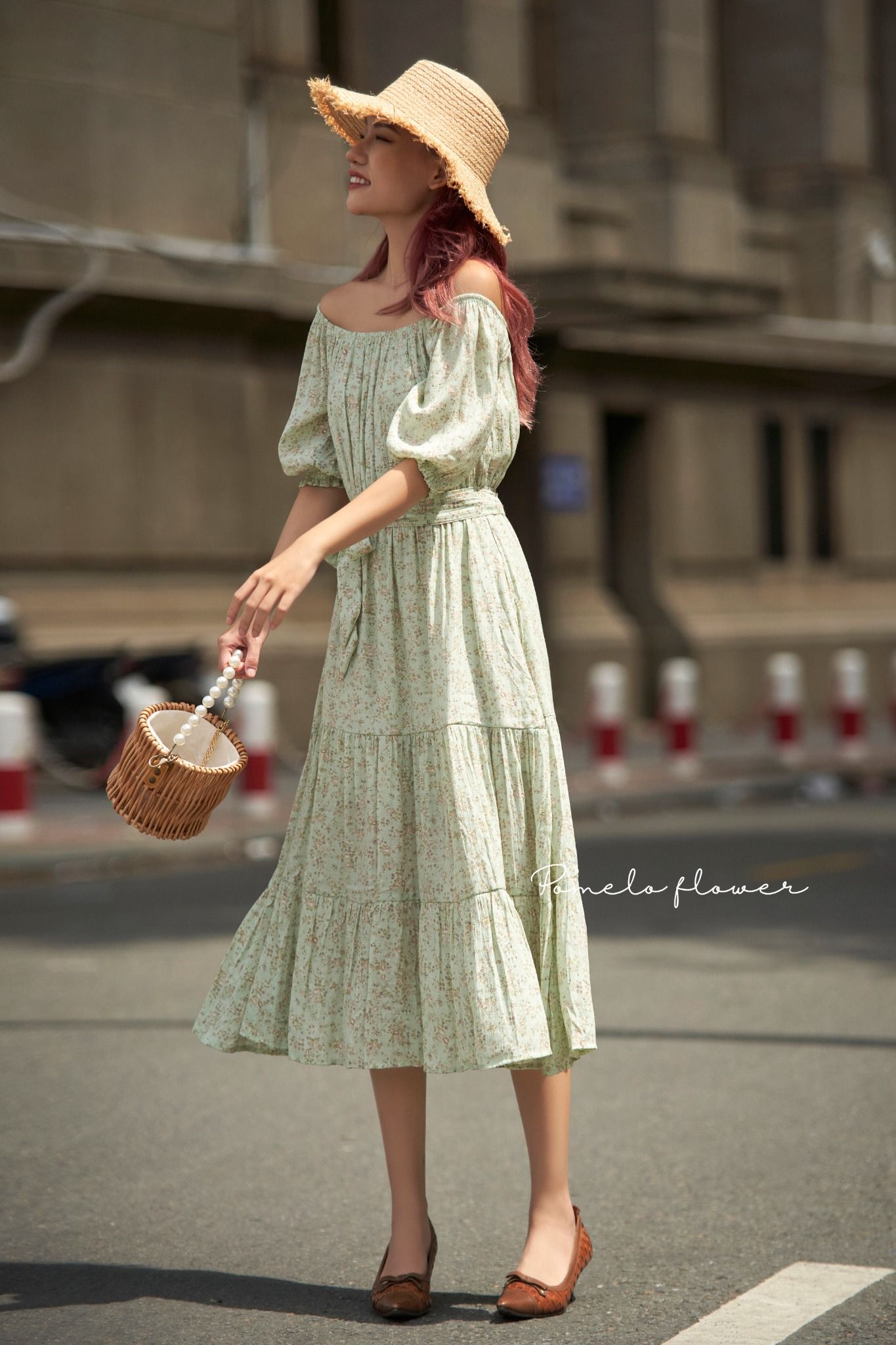 Kylie Dress - Đầm trễ vai xô lụa nền xanh bông nâu - D616
