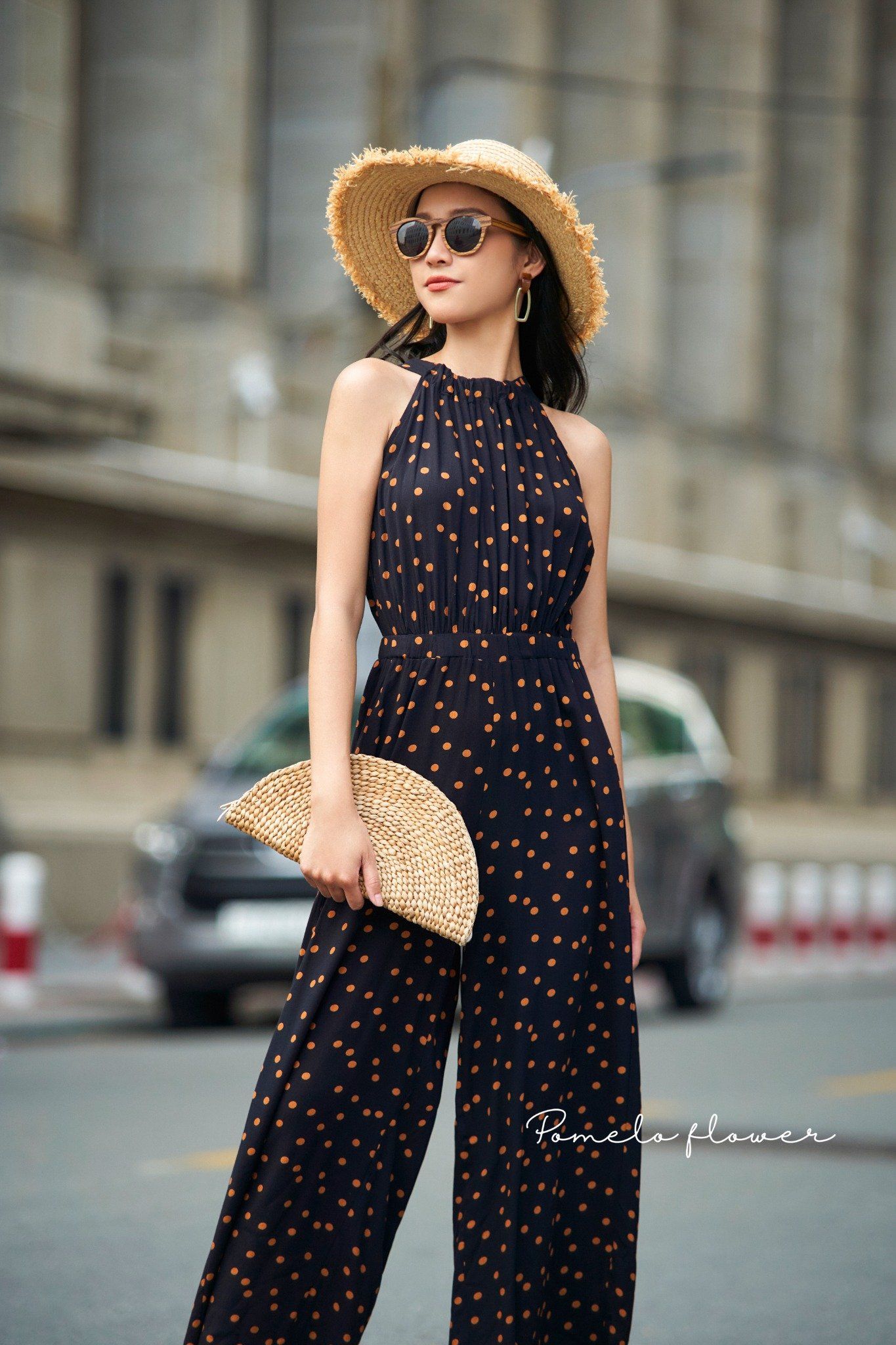 Serenity Jumpsuit - Jumpsuit cổ yếm chấm bi nâu D602