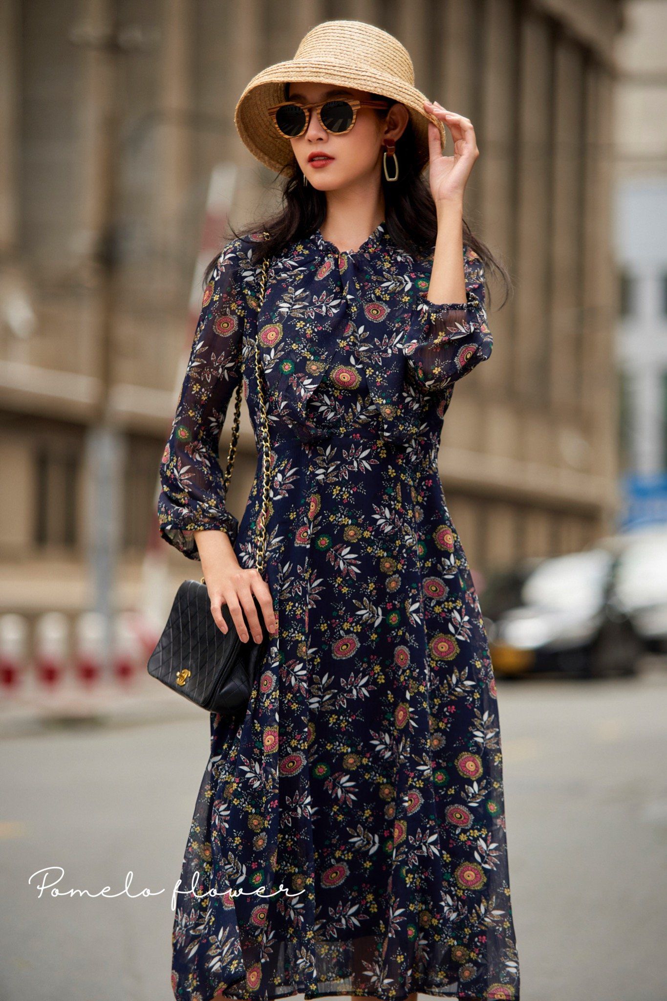 Eleanor Dress - Đầm voan tay dài in Hoa D03