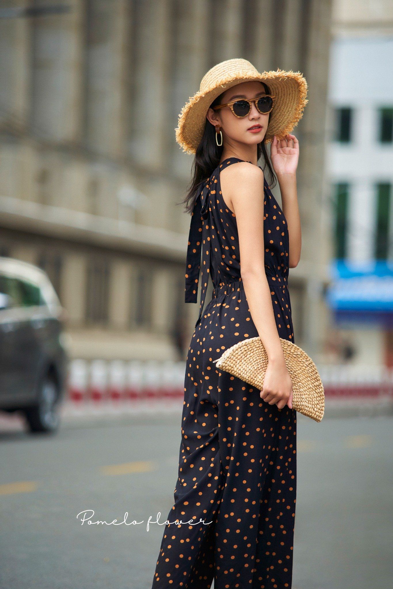 Serenity Jumpsuit - Jumpsuit cổ yếm chấm bi nâu D602