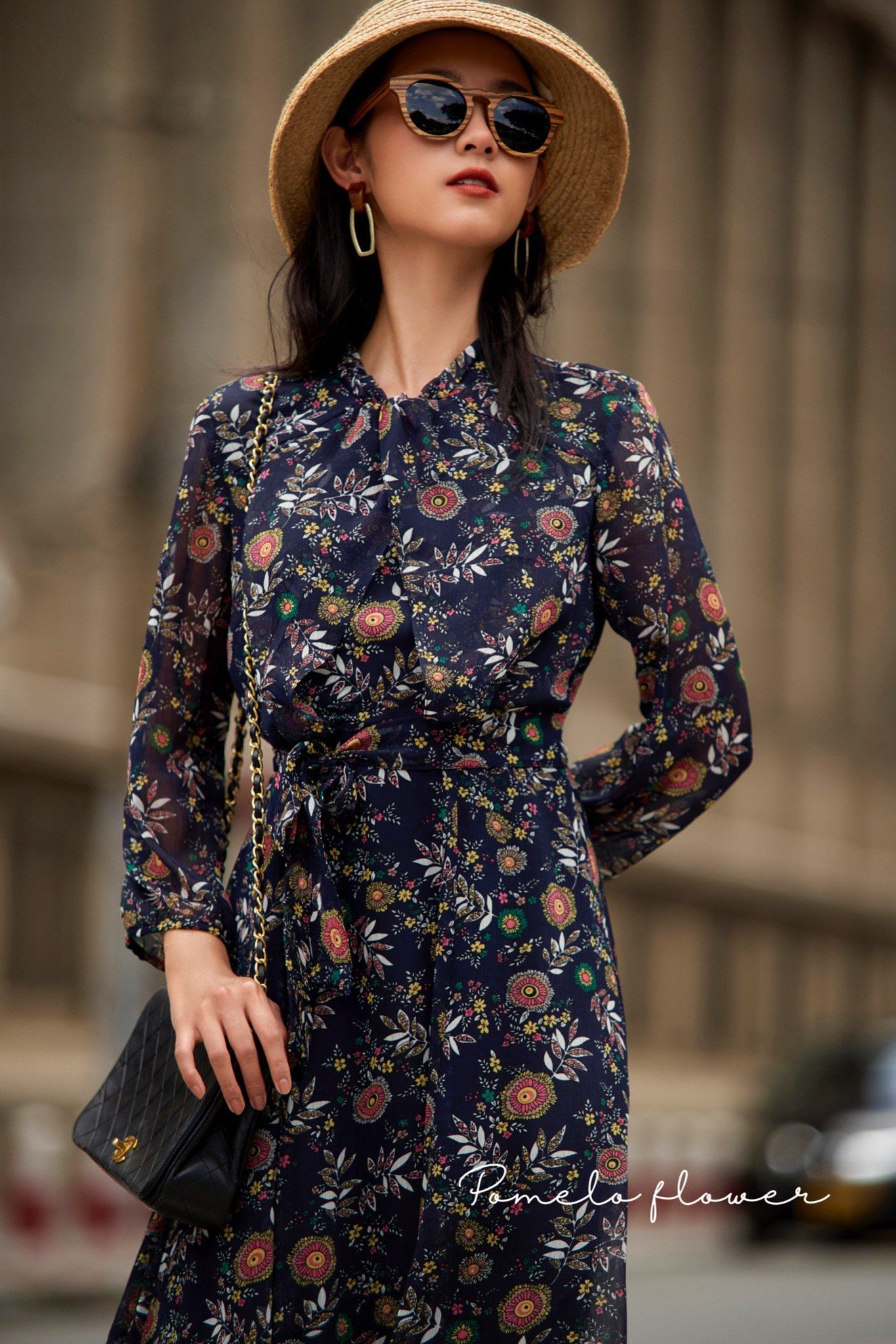 Eleanor Dress - Đầm voan tay dài in Hoa D03