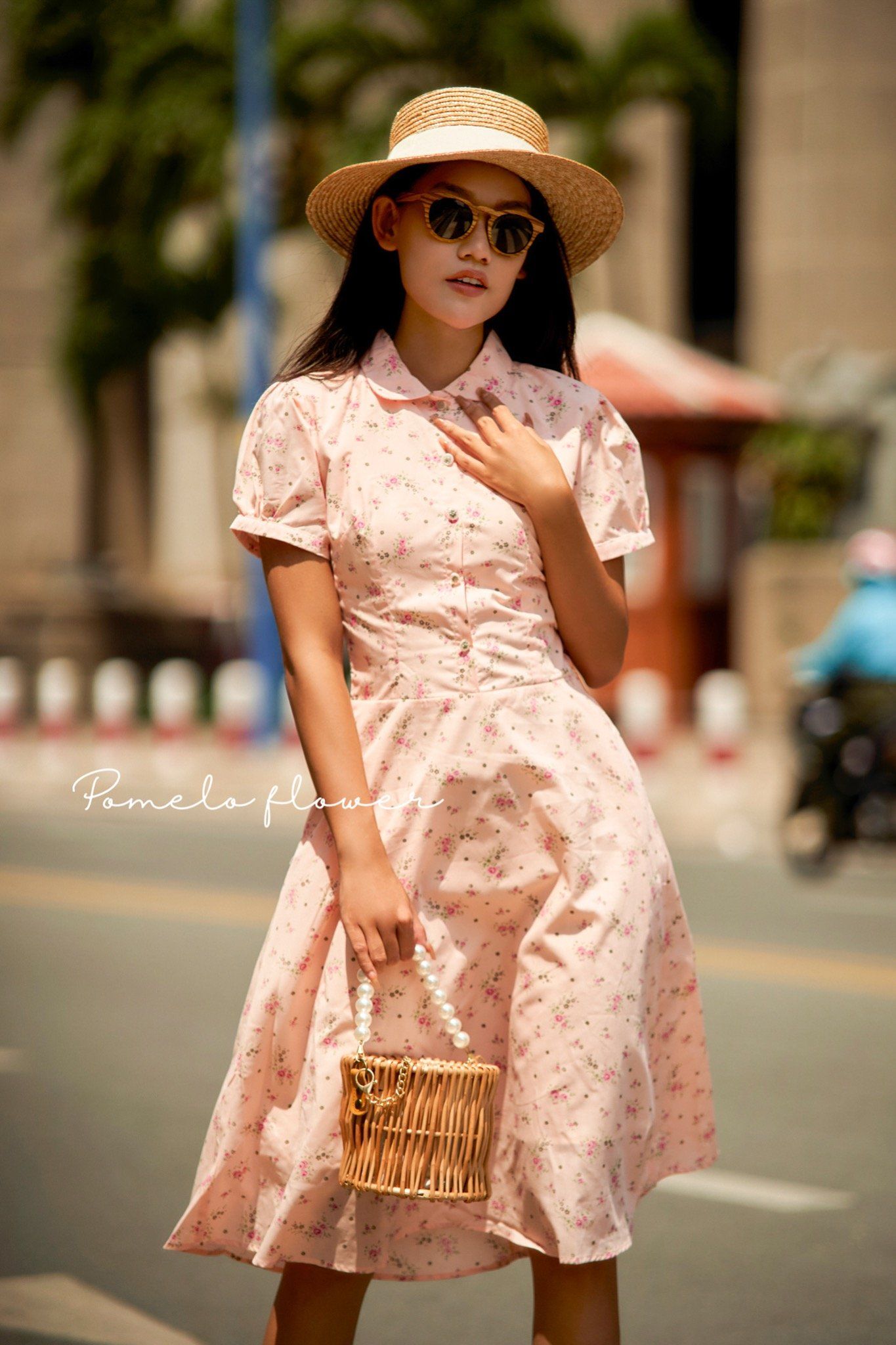 Liti Floral Midi Dress - Đầm hoa hồng nhỏ cổ sen D231