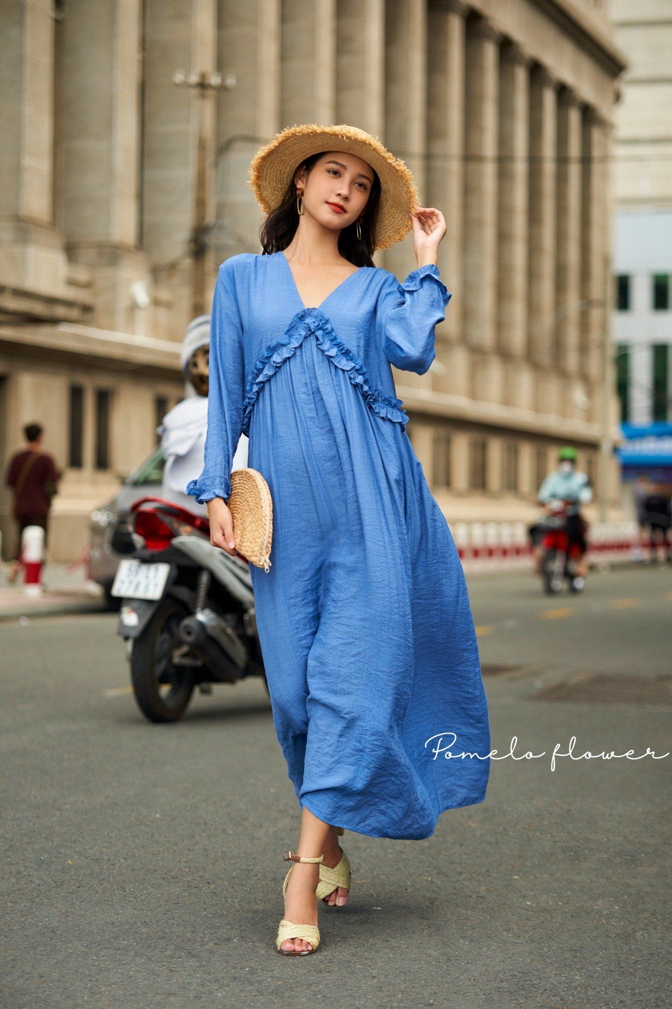 Everly Đầm tay dài bèo ngực chữ V D581