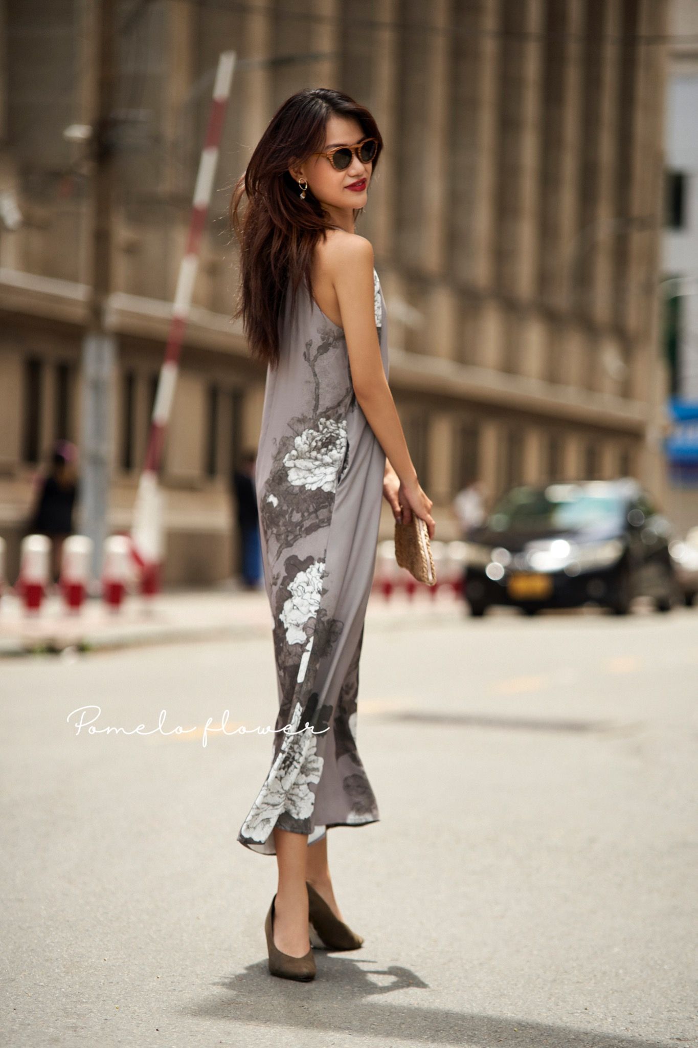 Layla Dress - Đầm cổ yếm xám in hoa - D251