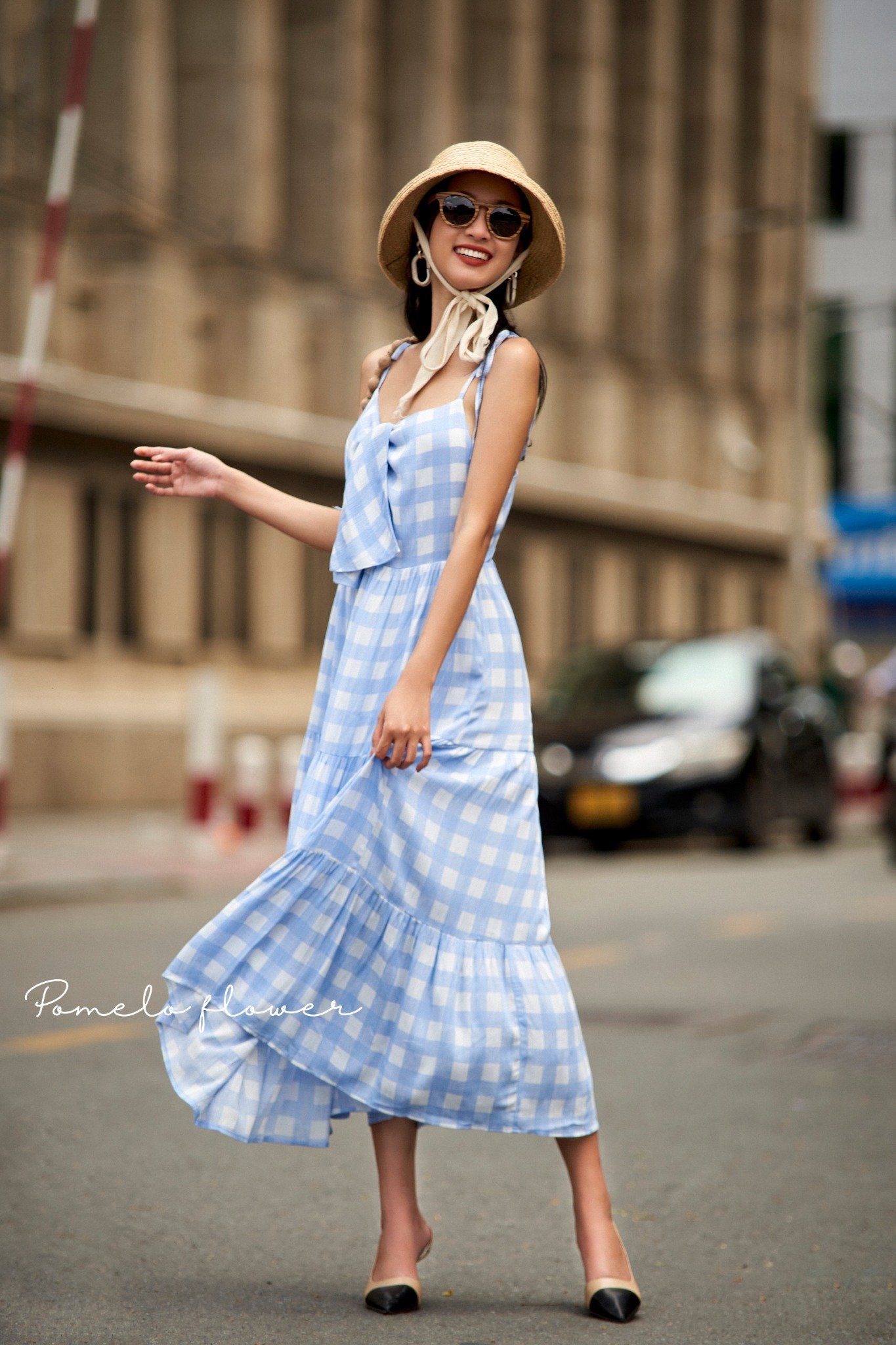 Bow Blue Gingham Dress Đầm dây cột nơ caro xanh D562