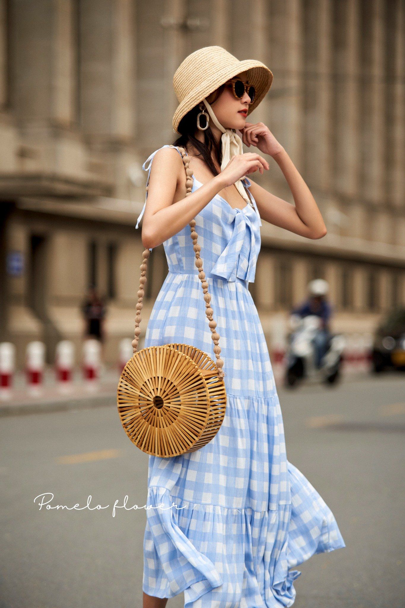 Bow Blue Gingham Dress Đầm dây cột nơ caro xanh D562