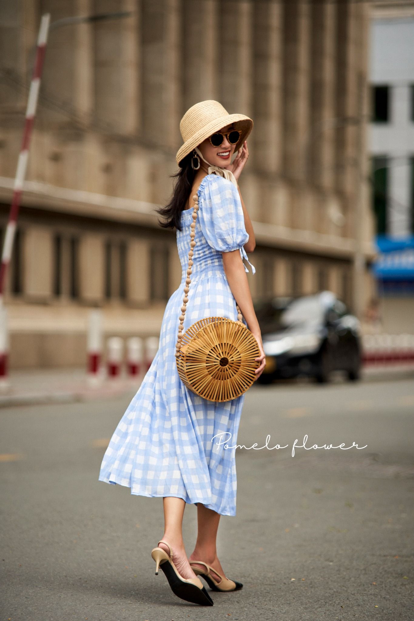 Chloe Dress - Đầm nhún ngực caro trắng xanh - D15