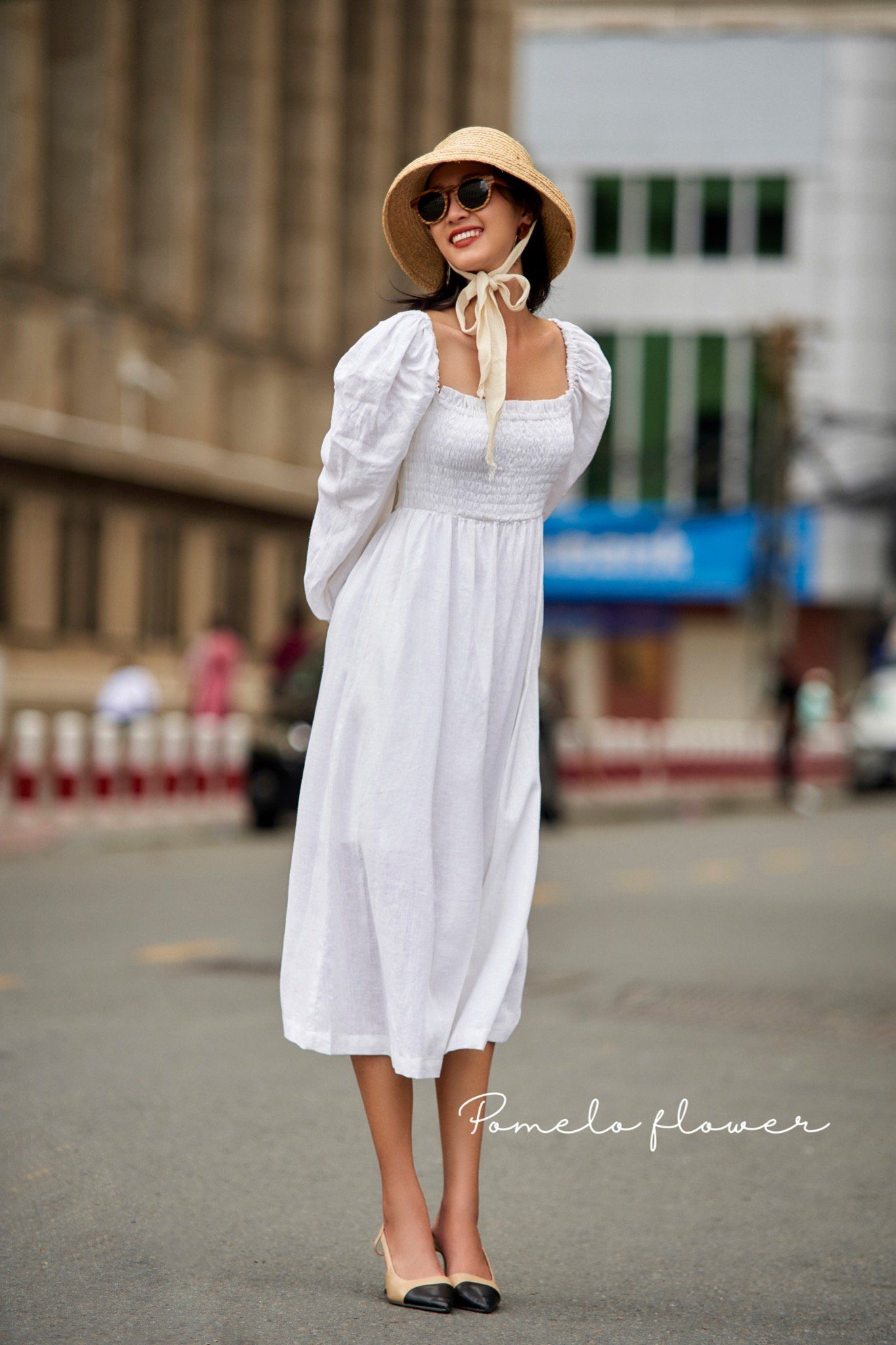 Cottage Linen Dress- Đầm linen tay lửng bo thun ngực D74