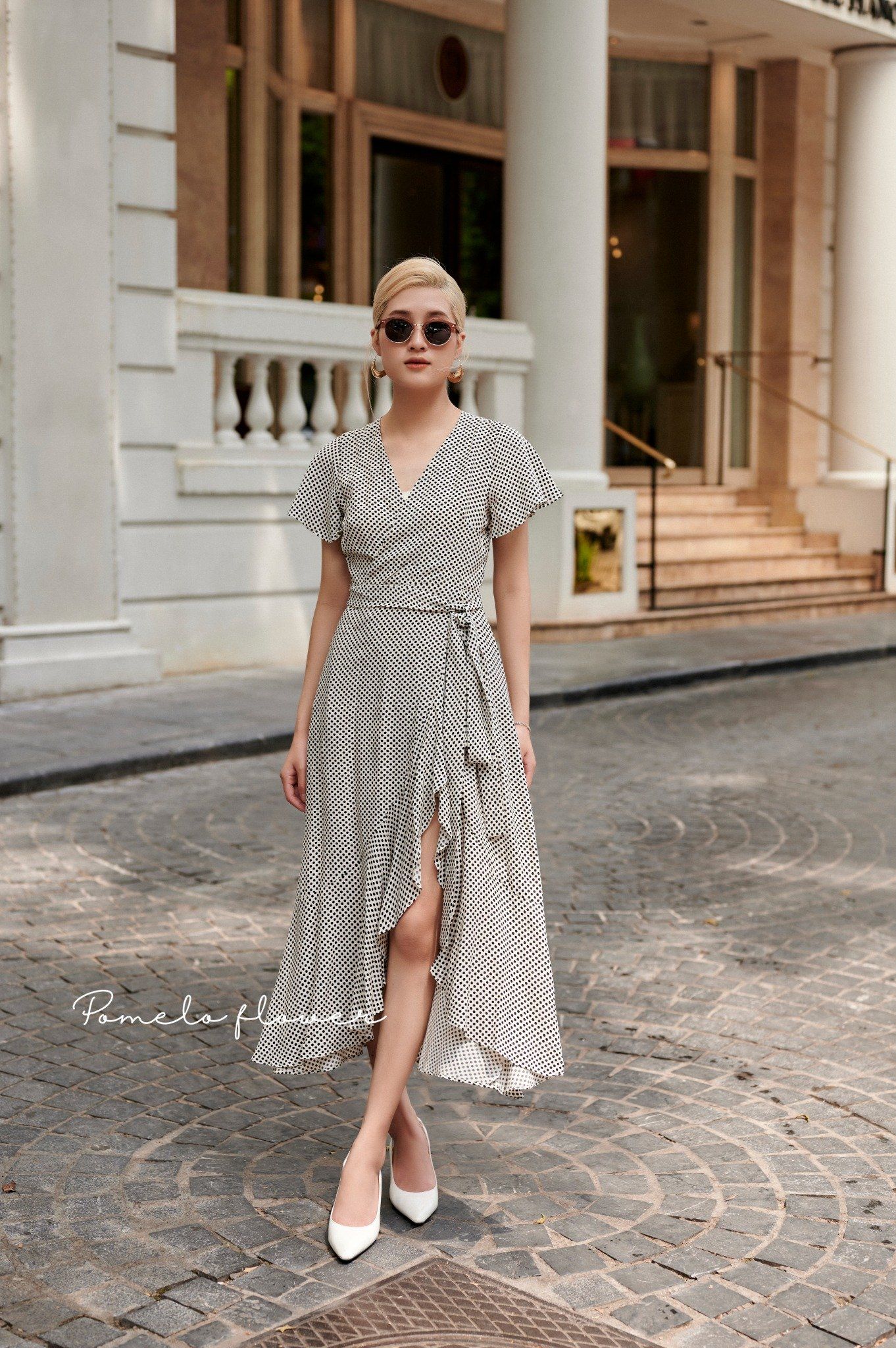 Sasha Dress - Đầm chấm bi cổ V, tay bèo, giả đắp vạt D016