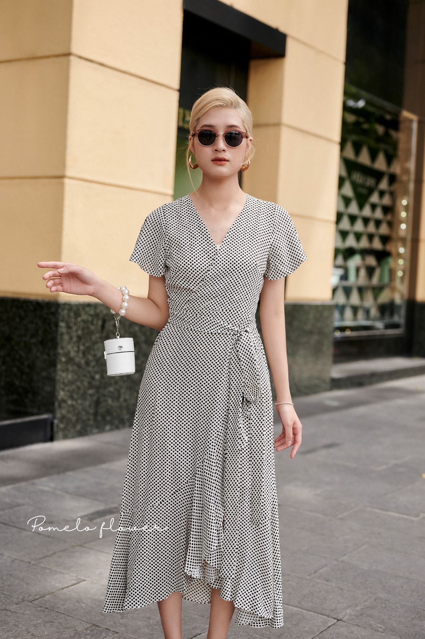 Sasha Dress - Đầm chấm bi cổ V, tay bèo, giả đắp vạt D016