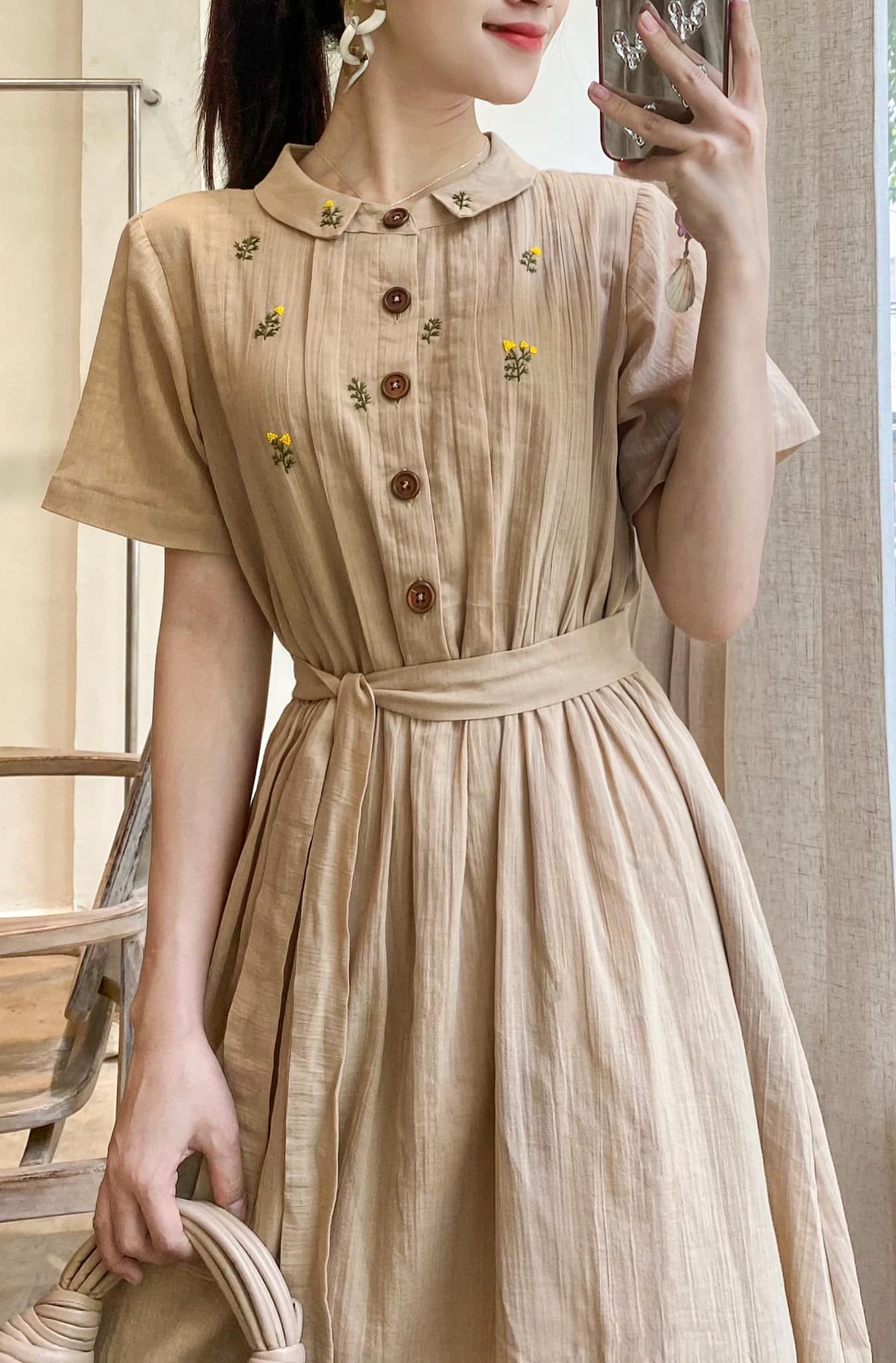 Nami Dress - Đầm Cổ Sen Thêu Tay E79