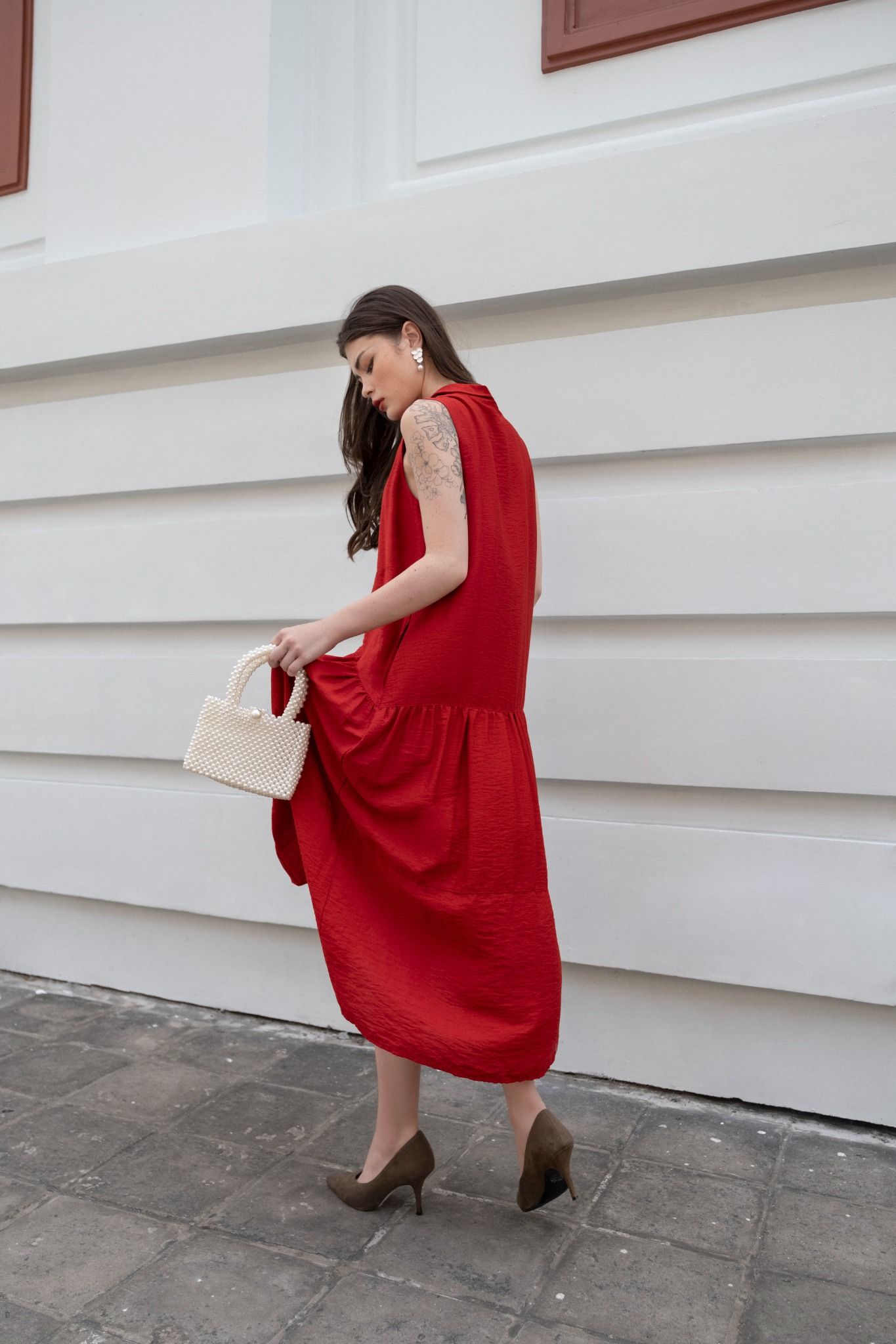 Dress - Đầm đỏ sát nách có cổ hàng cúc D040