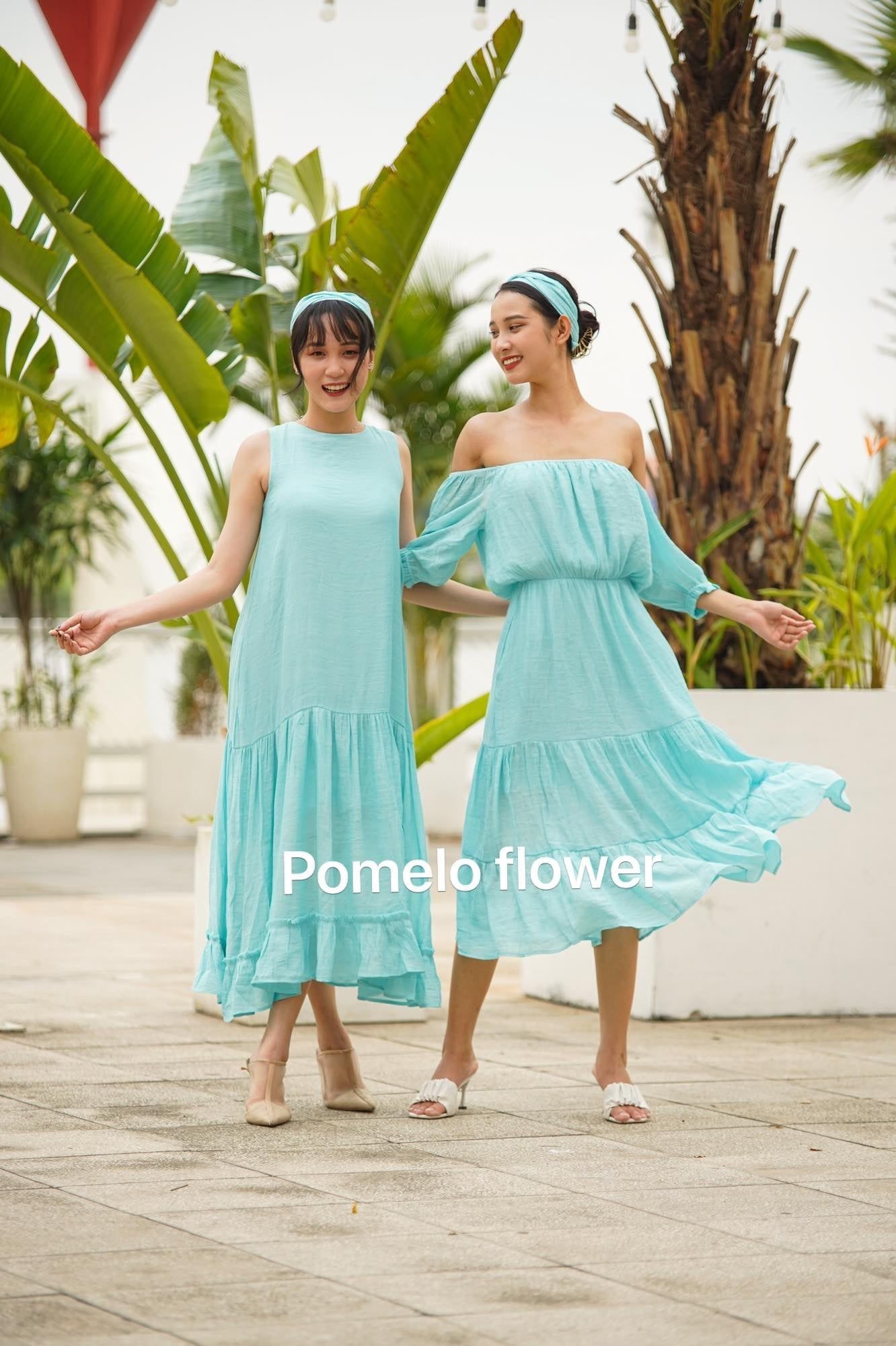 Laila Dress - Đầm xô lụa trễ vai xanh biển D56