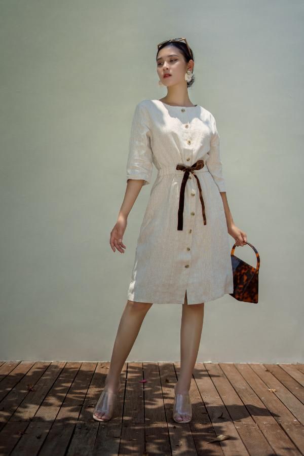 Kyla Dress - Đầm linen dây nhung thắt eo D136