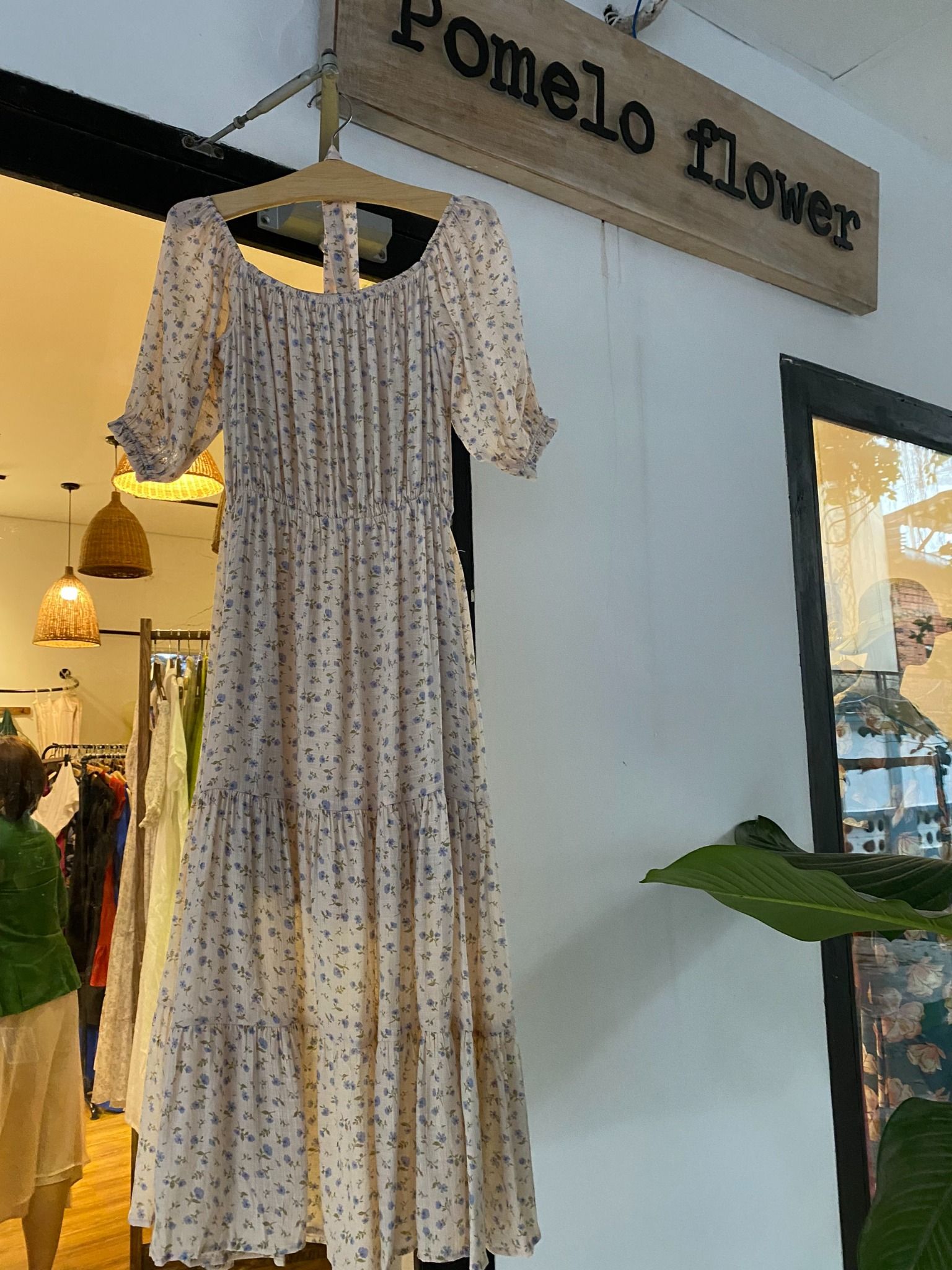 Norah Dress - Đầm Trễ vai xô lụa - nền hồng bông xanh nhỏ - D615
