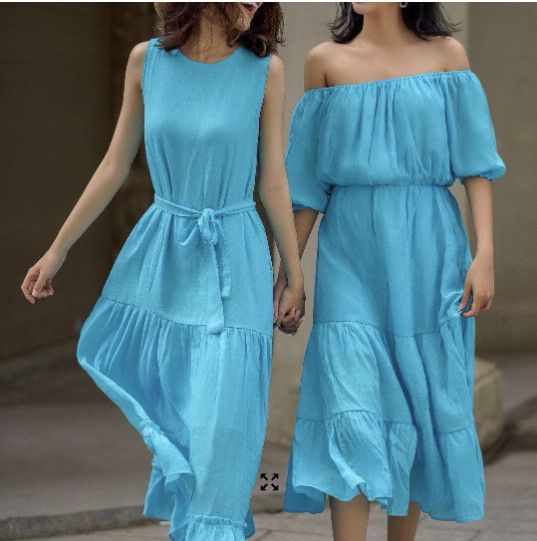 Laila Dress - Đầm xô lụa trễ vai xanh biển D56