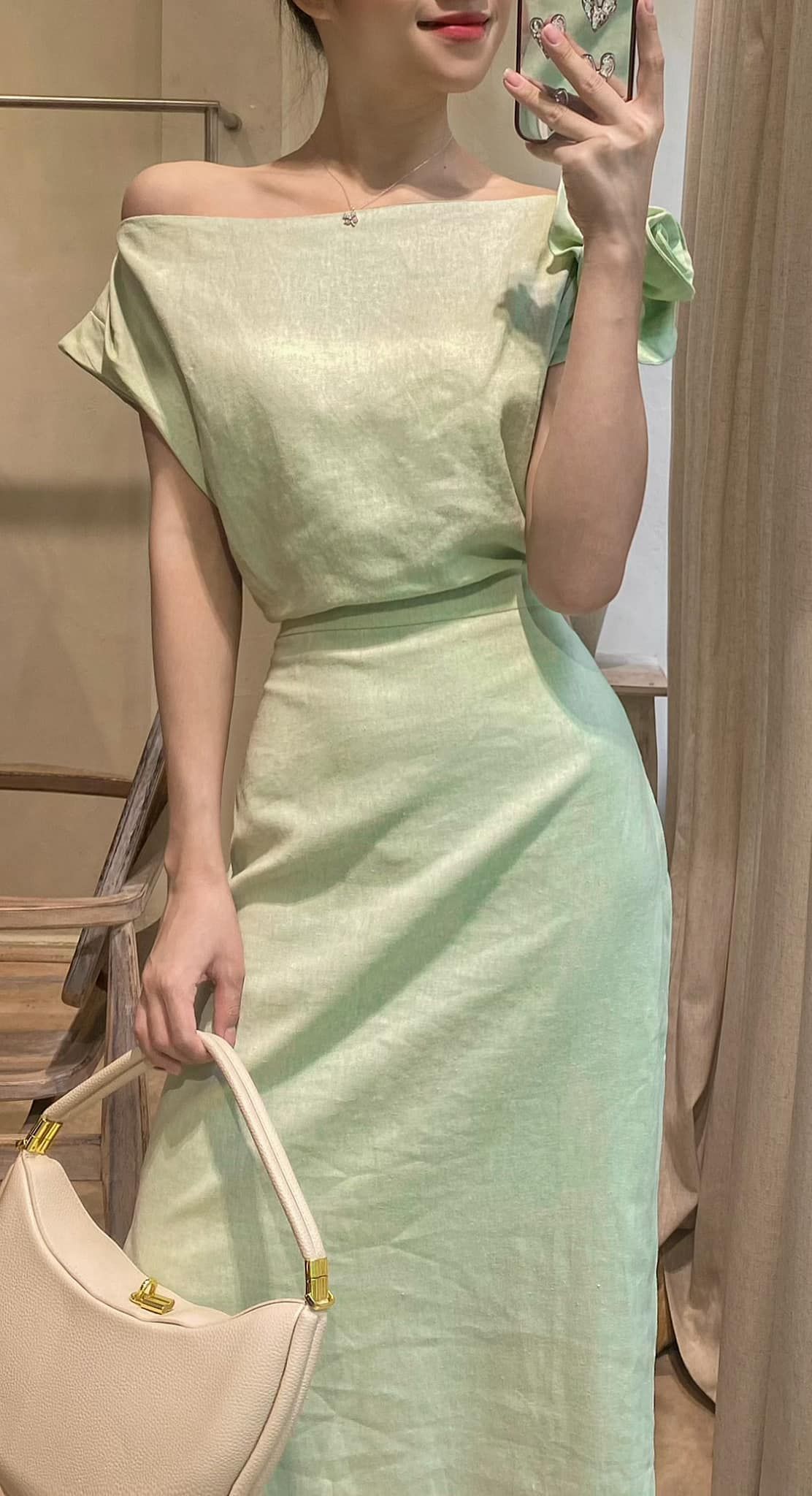 Zinnia Dress - Đầm Linen Lệch Vai Hoa Hồng D989