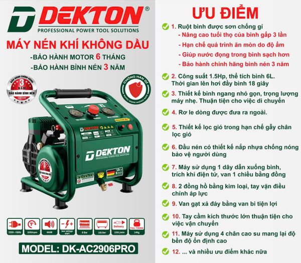 Máy nén khí không dầu Dekton DK-AC2906PRO