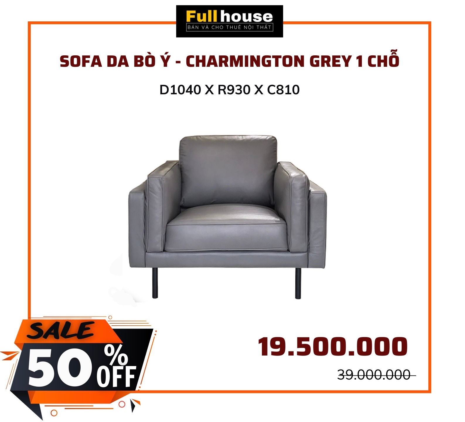  SOFA DA BÒ Ý -  CHARMINGTON GREY 1 CHỖ 