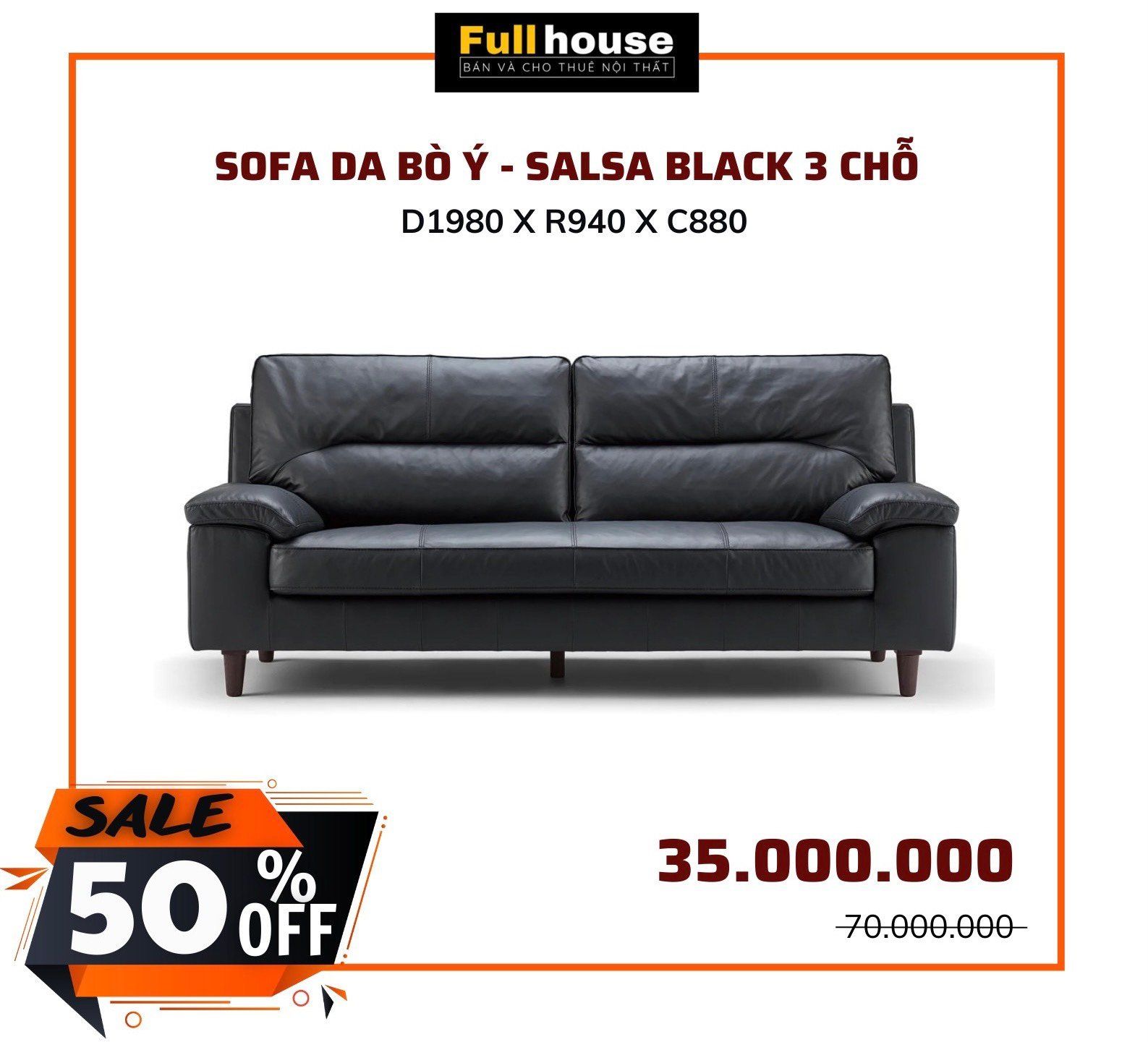  SOFA DA BÒ Ý - SALSA BLACK 3 CHỖ 