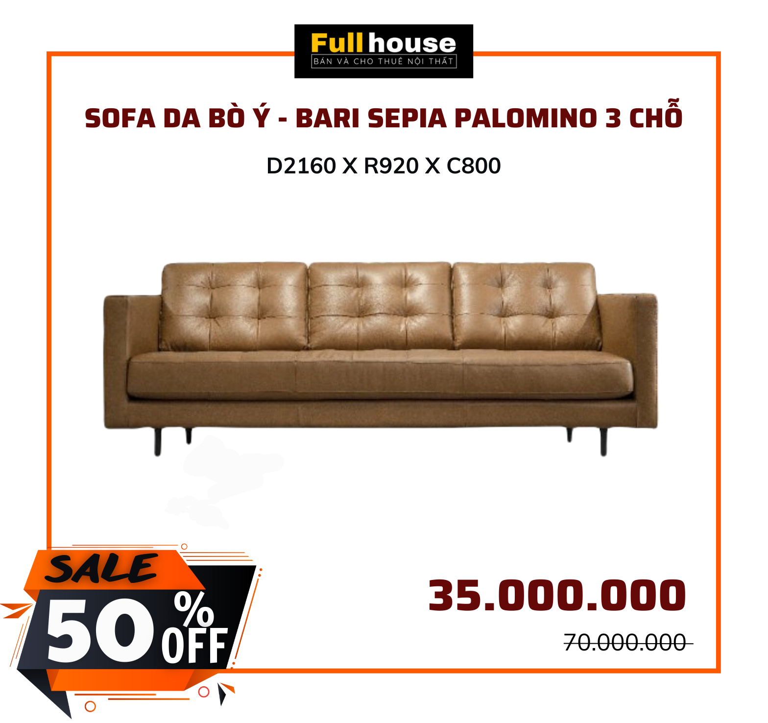  SOFA DA BÒ Ý  - BARI SEPIA PALOMINO 3 CHỖ 