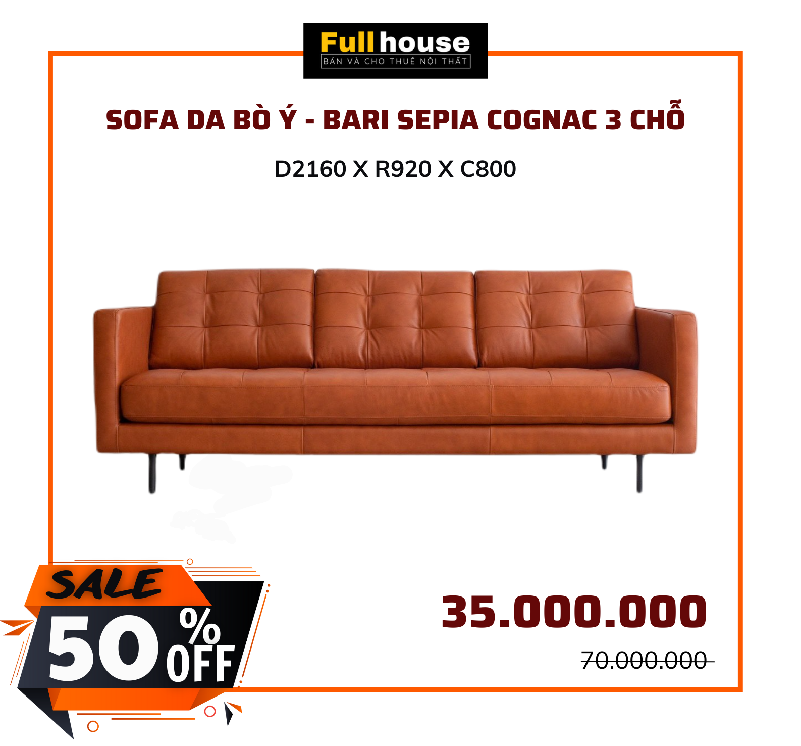  SOFA DA BÒ Ý - BARI  SEPIA COGNAC 3 CHỖ 