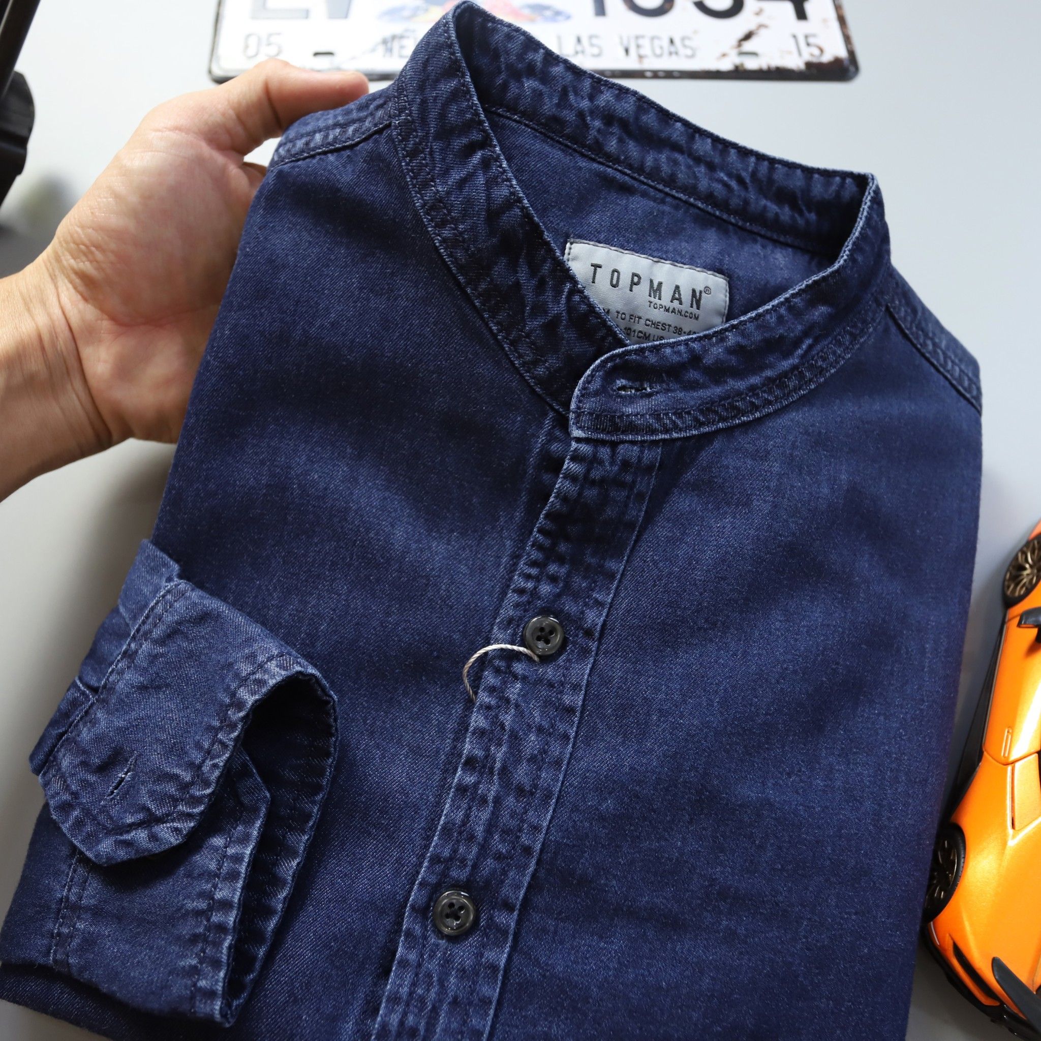 Sơ mi TM Denim cổ trụ Xanh đậm