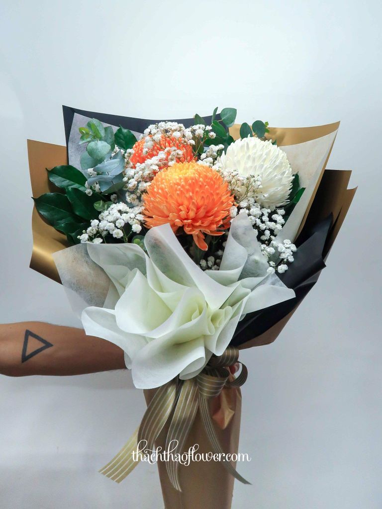 Bó cúc mẫu đơn 3 bông Coral Dream & Ivory White | VA084