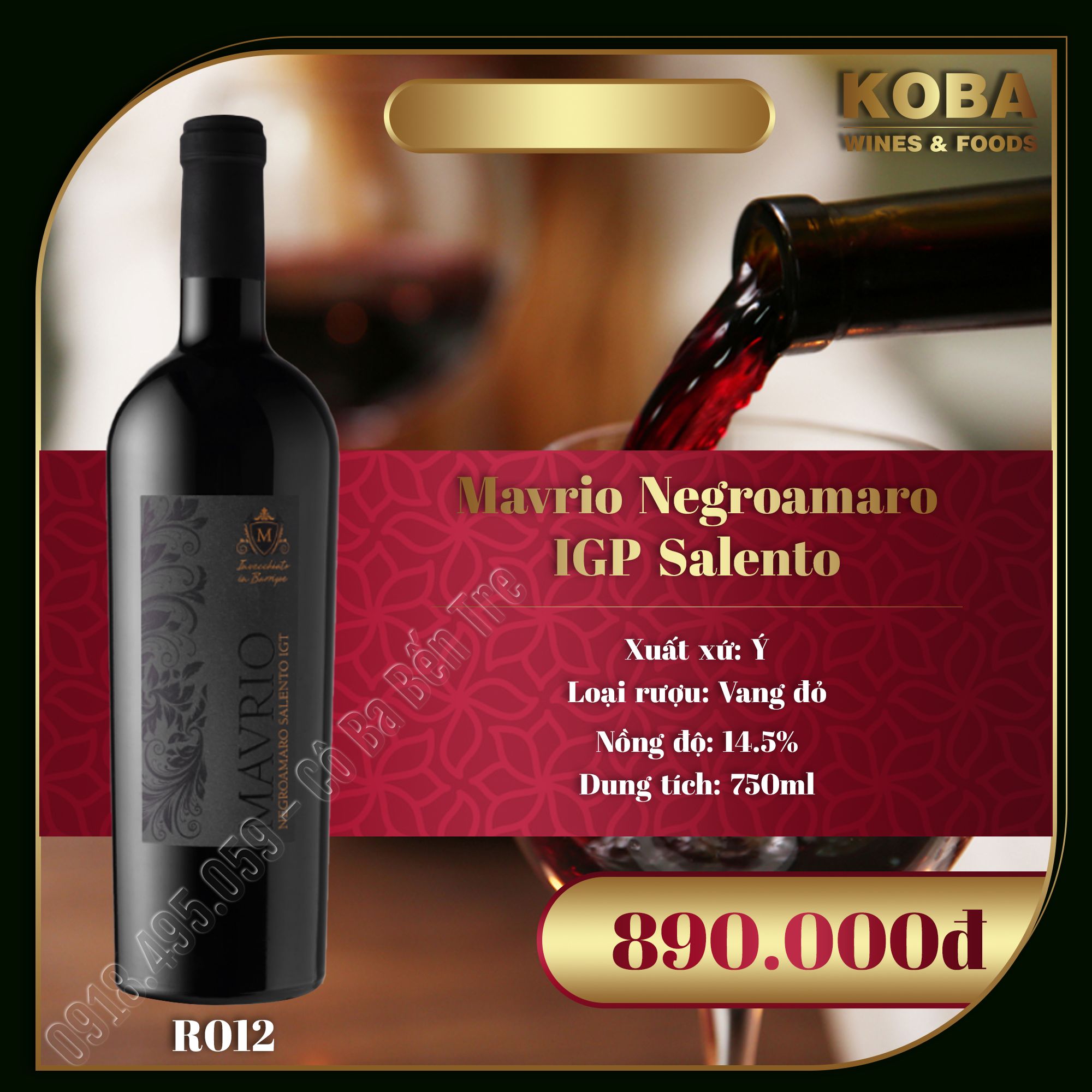Rượu Vang Đỏ Ý - Mavrio Negroamaro IGT - Salento - 14.5 độ