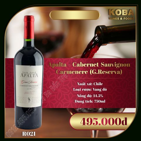  Rượu Vang Đỏ Chile - Apalta - Cabernet Sauvignon-Carmenere (G.Reserva) - 14.5 độ 