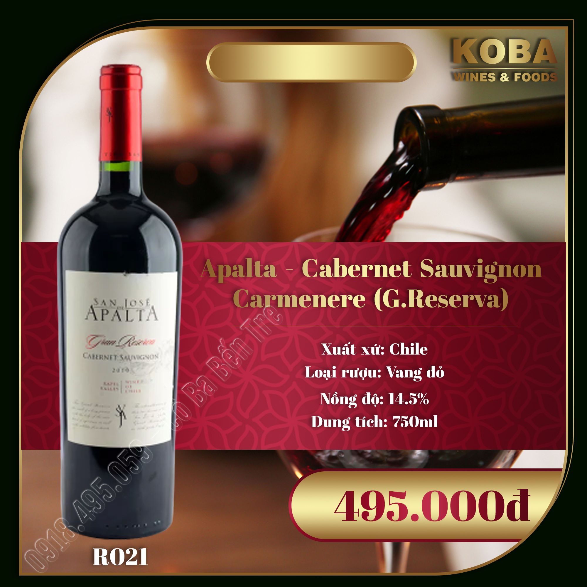 Rượu Vang Đỏ Chile - Apalta - Cabernet Sauvignon-Carmenere (G.Reserva) - 14.5 độ