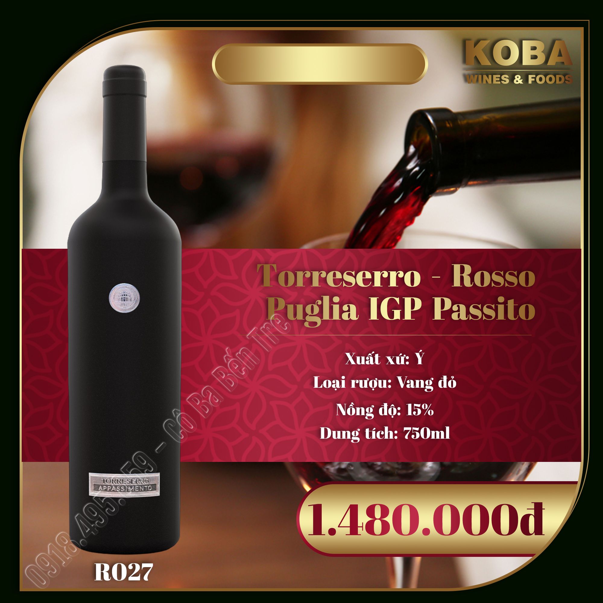 Rượu Vang Đỏ Ý - Torreserro - Rosso Puglia IGP Passito - 15 độ