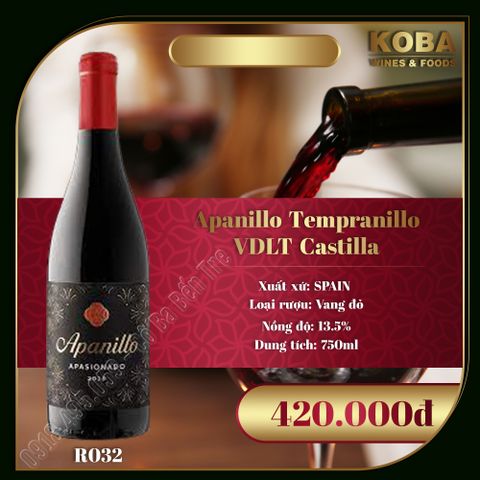  Rượu Vang Đỏ Spain - Apanillo Tempranillo VDLT Castilla - 13.5 độ 