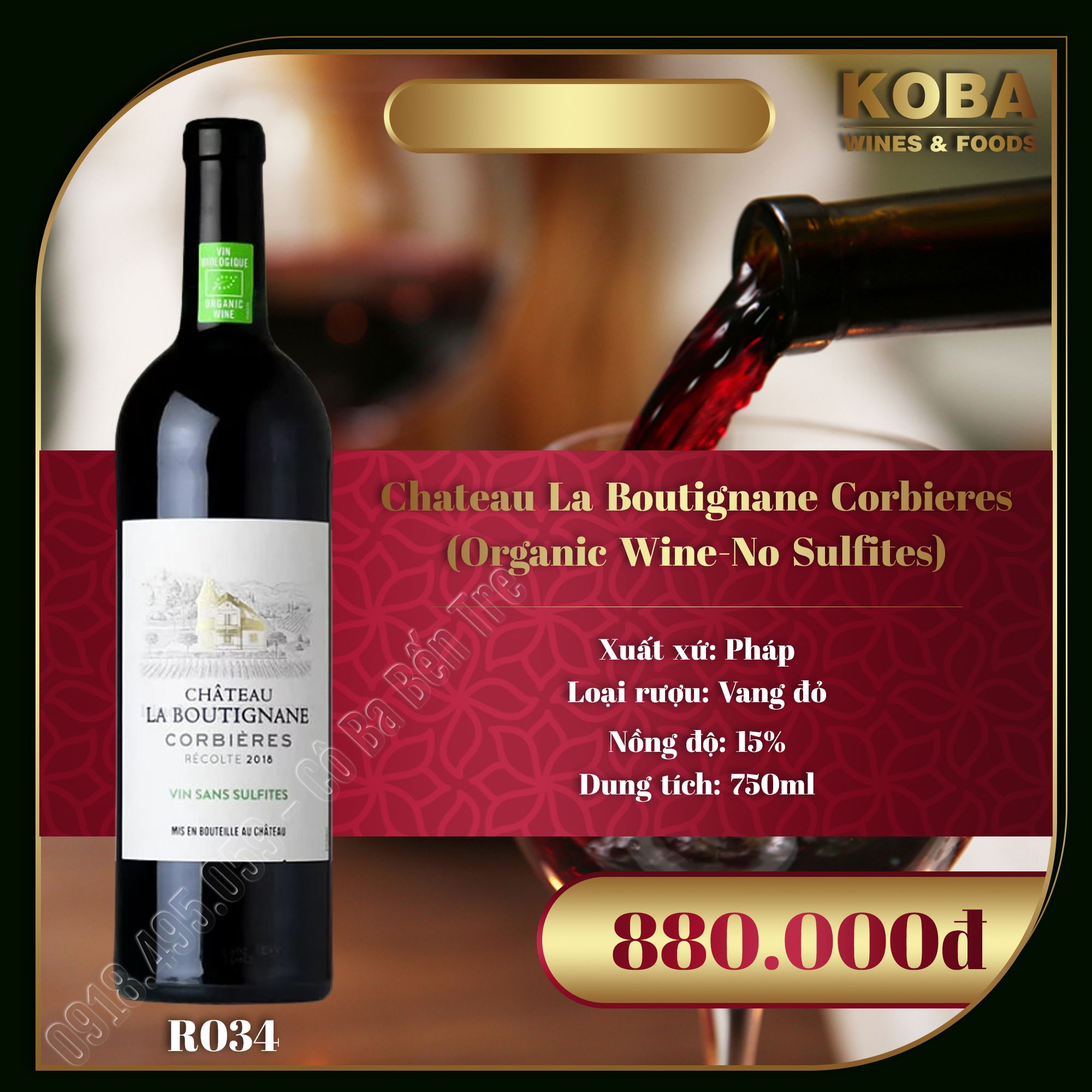 Rượu Vang Đỏ Pháp - Chateau La Boutignane Corbieres (Organic Wine-No Sulfites) - 15 độ